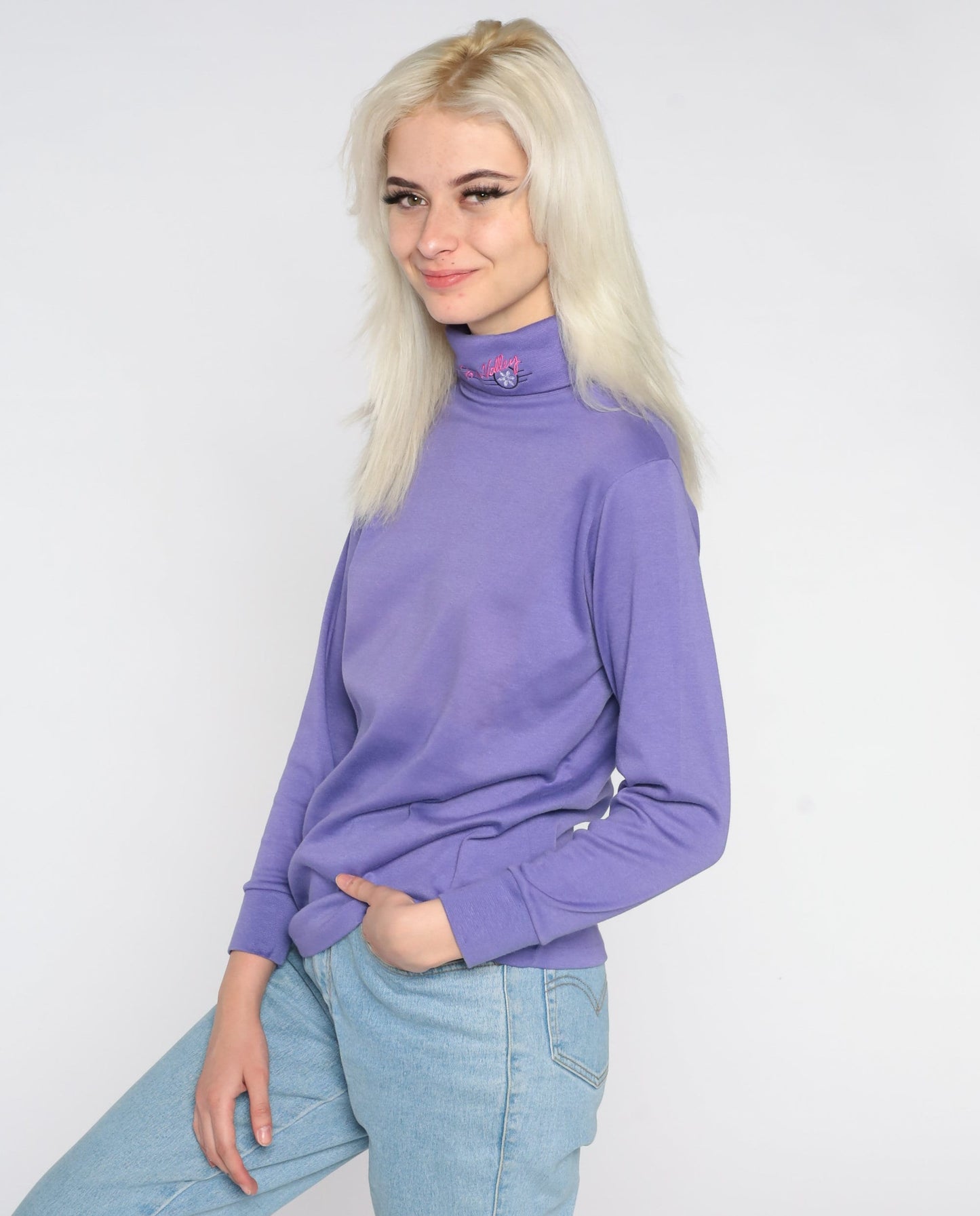 90s Snow Valley Turtleneck Purple Ski Resort Embroidered Long Sleeve Medium M