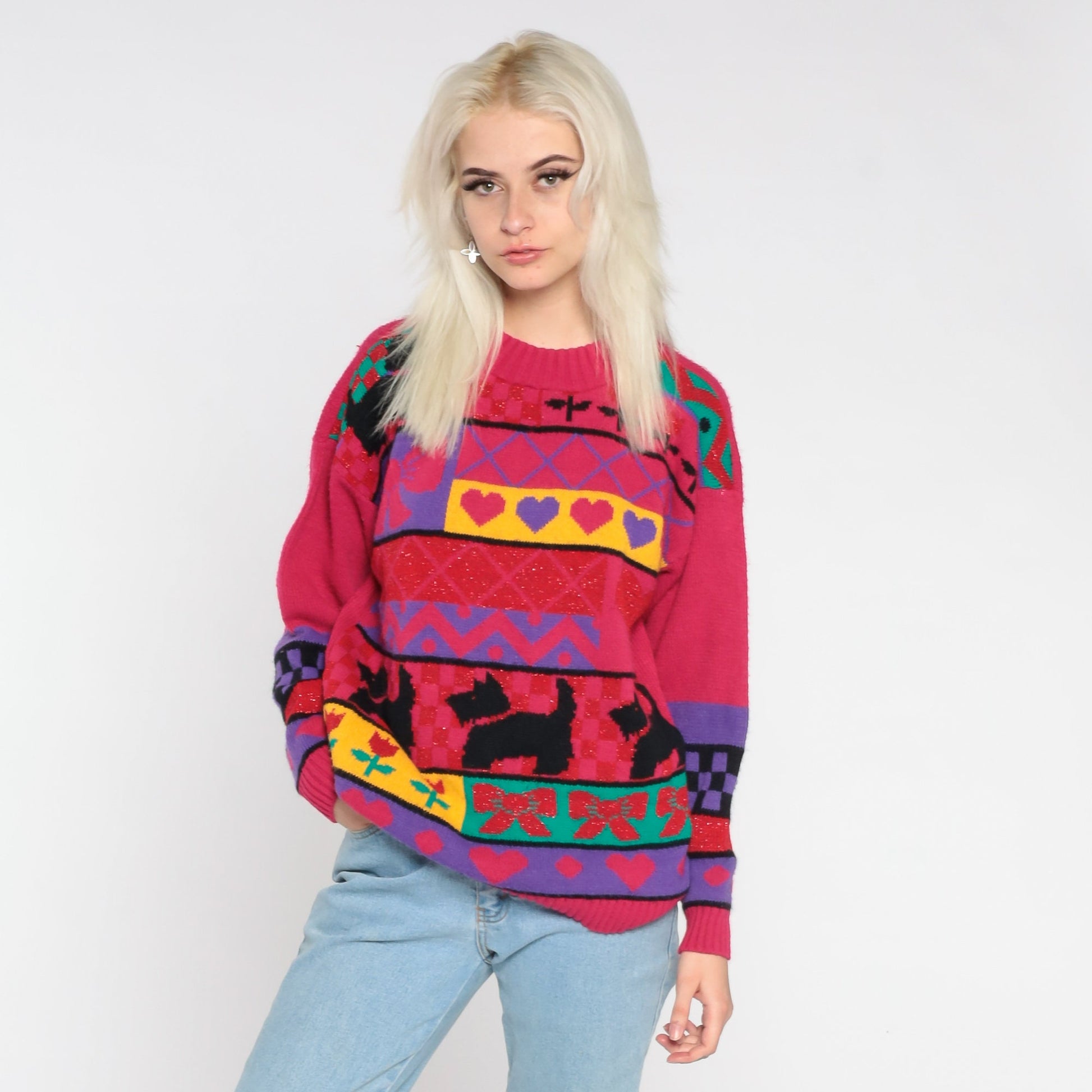 80s Scottie Dog Knit Sweater Pink Geometric Hearts Flowers Bows Medium