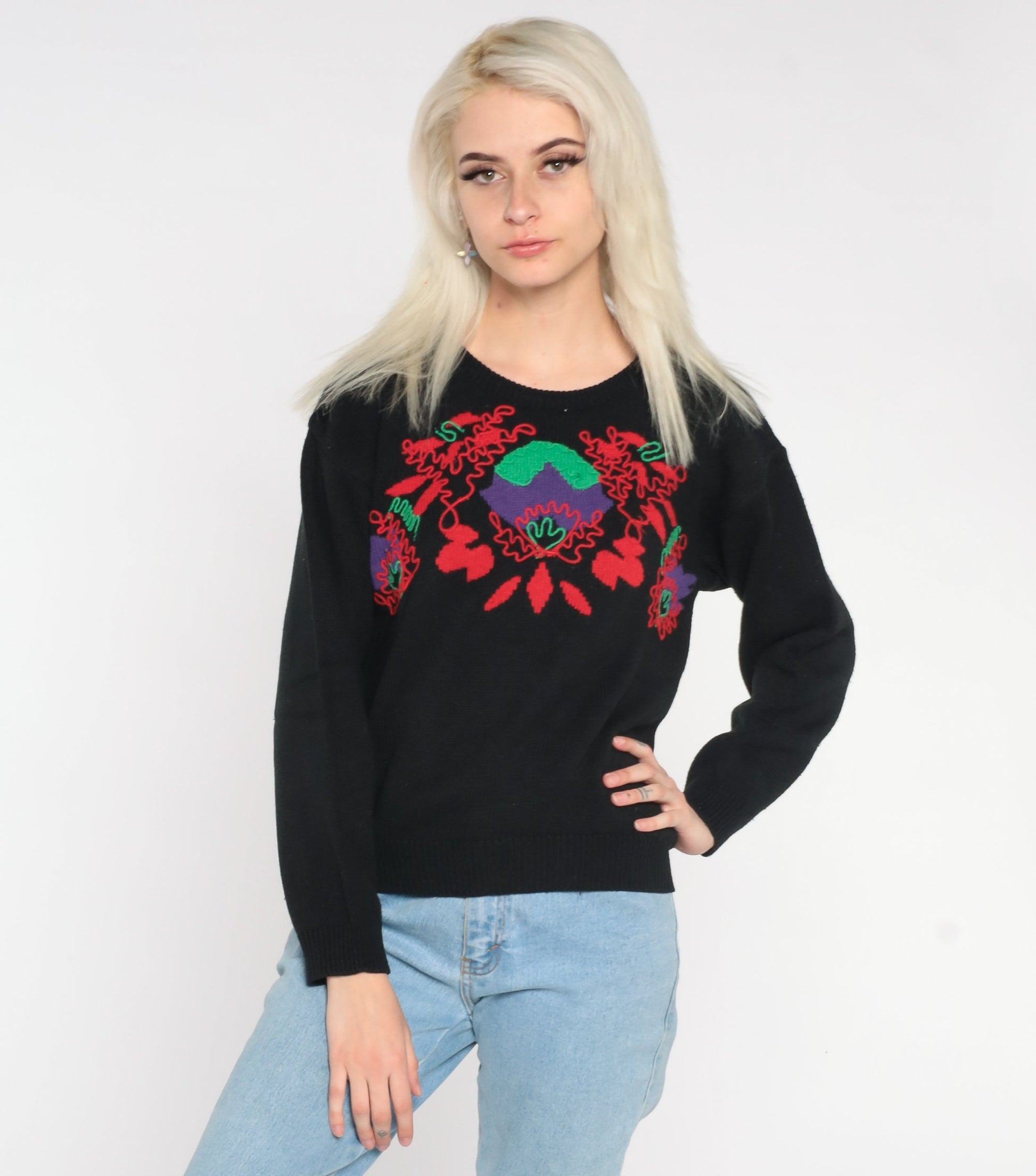 80s Black Floral Abstract Knit Sweater Pullover Medium M