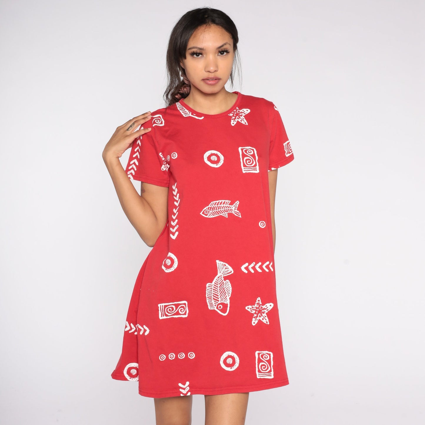 90s Fish Seashell Print Cotton Mini Dress Red Short Sleeve Small S