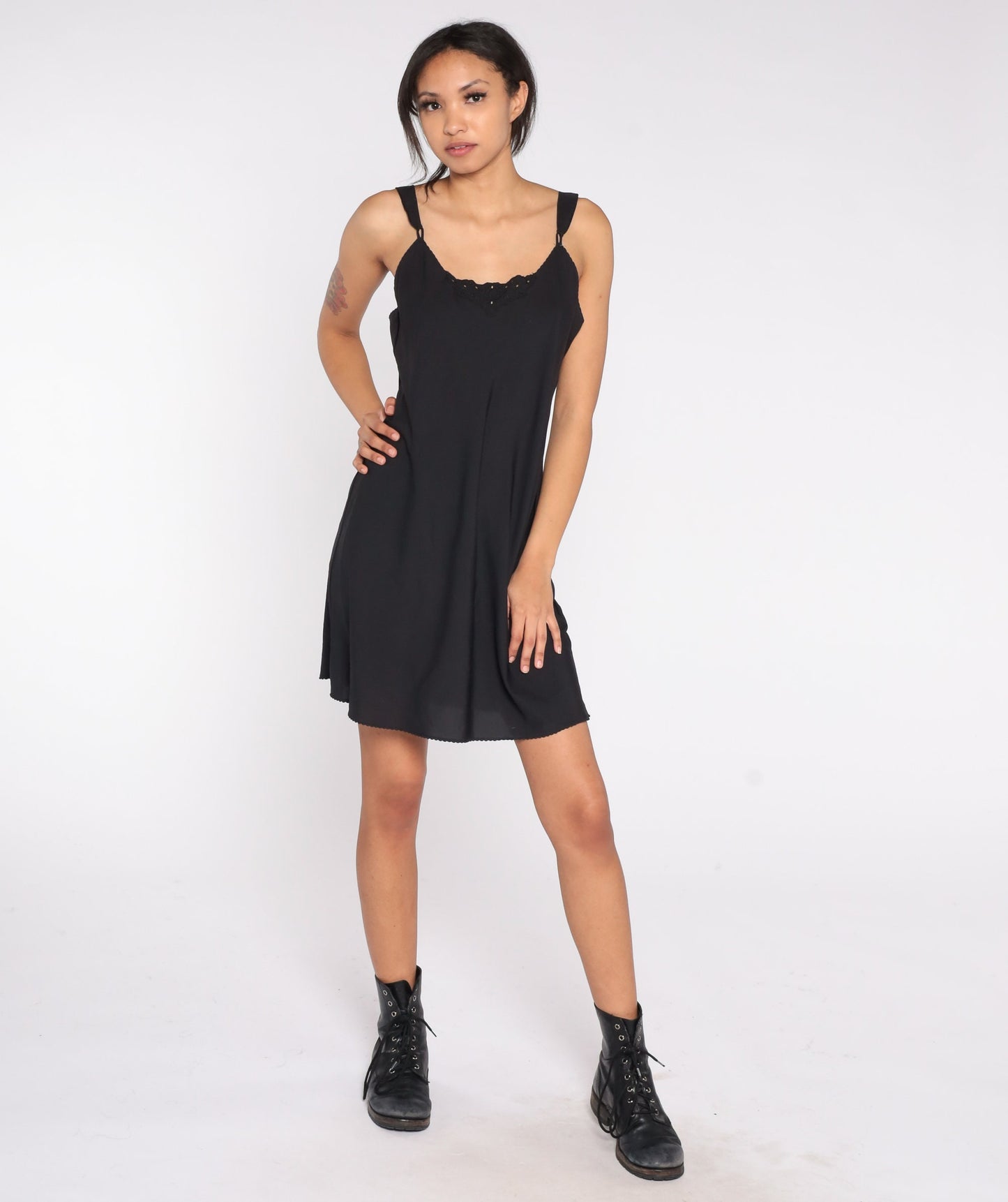 90s Vanity Fair Black Slip Dress Mini Lace Trim Spaghetti Strap Small