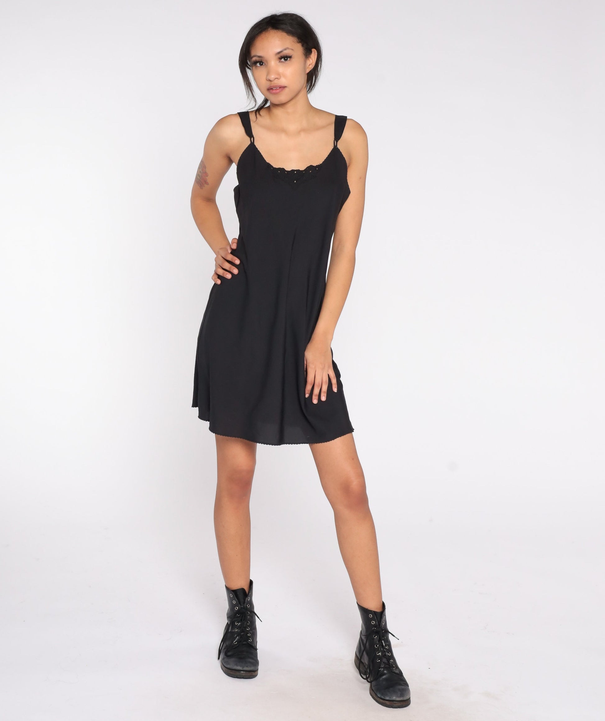 90s Vanity Fair Black Slip Dress Mini Lace Trim Spaghetti Strap Small