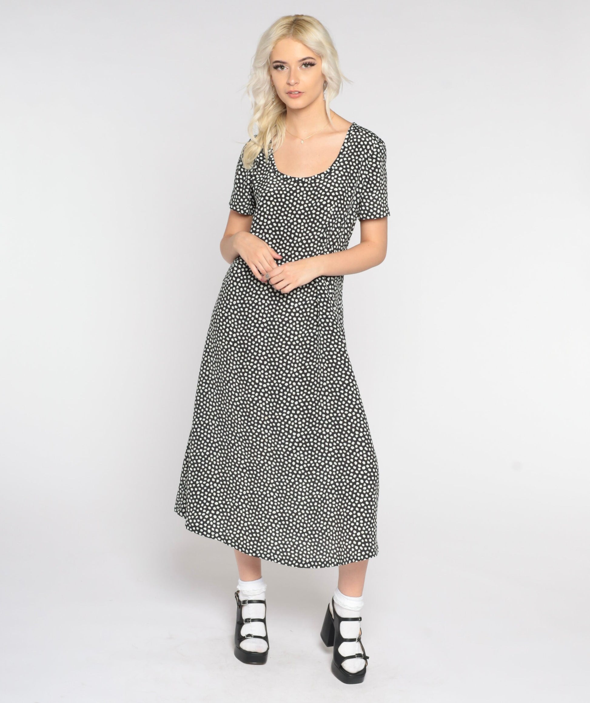 90s Black & White Polka Dot Midi Dress Short Sleeve Tie Back Small Medium