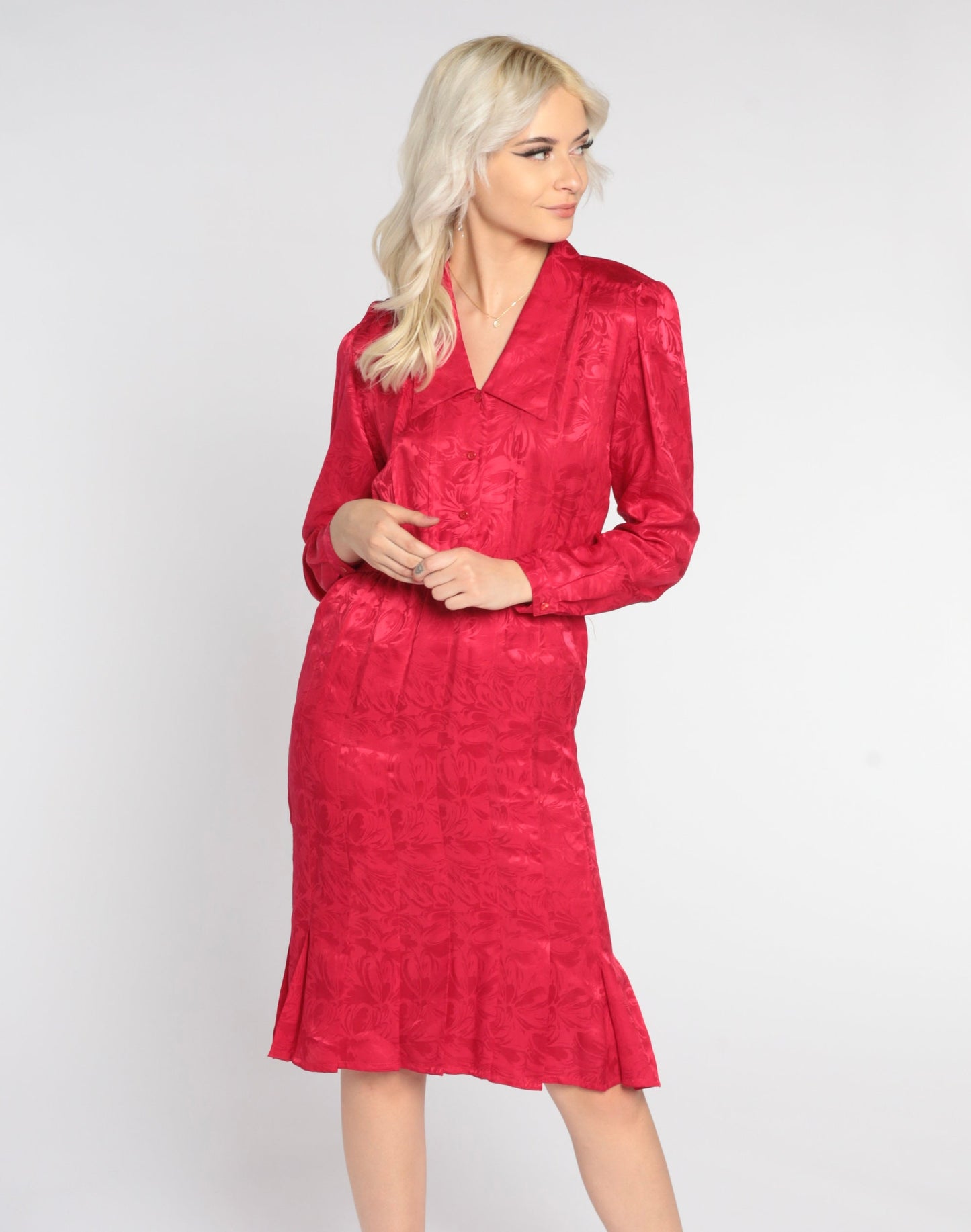 80s Red Silk Floral Midi Shirtdress Pleated Puff Sleeve Button-Up Extra Small XS