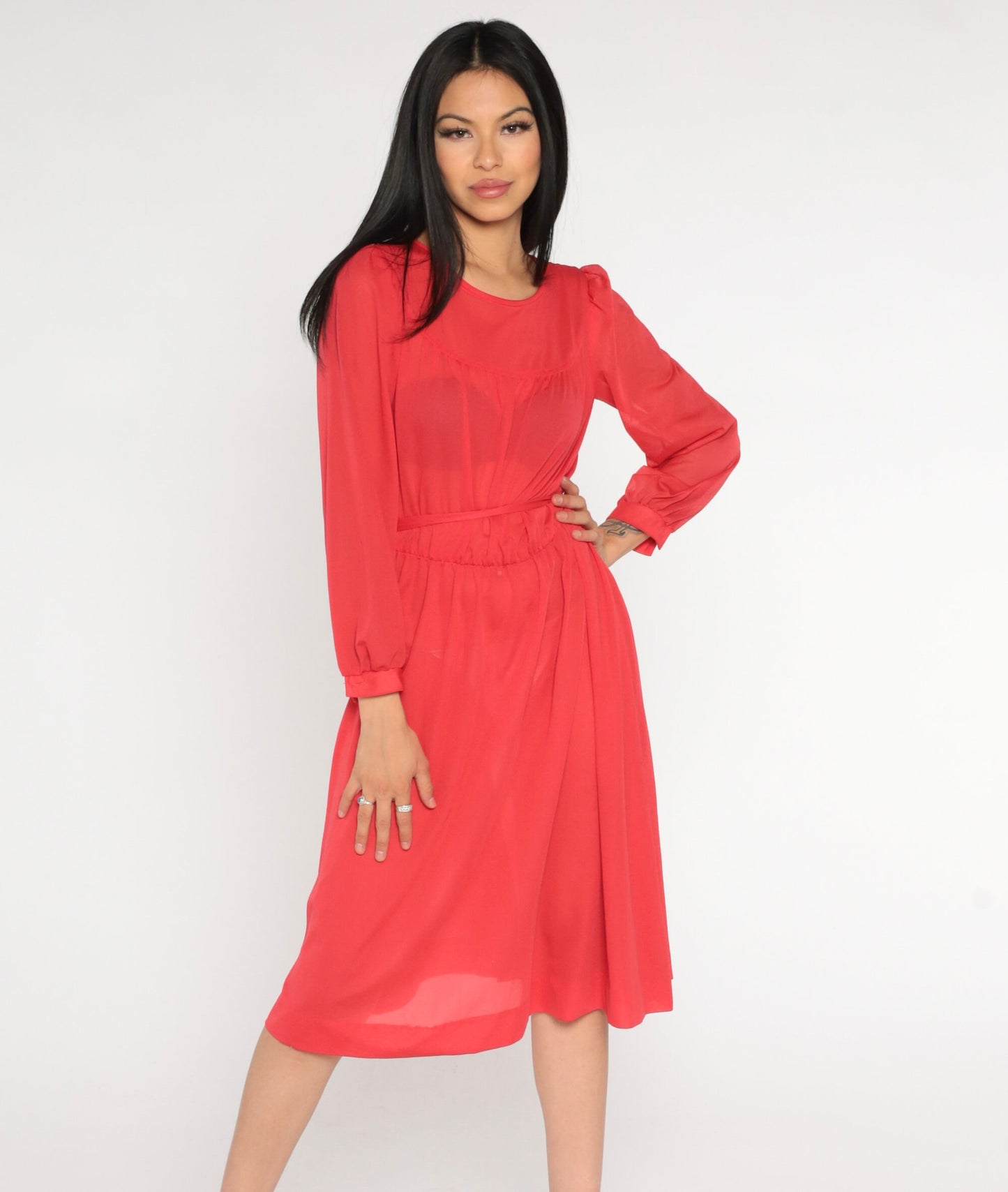 70s Red Sheer Midi Dress Puff Sleeve High Waist Long Sleeve Small Medium