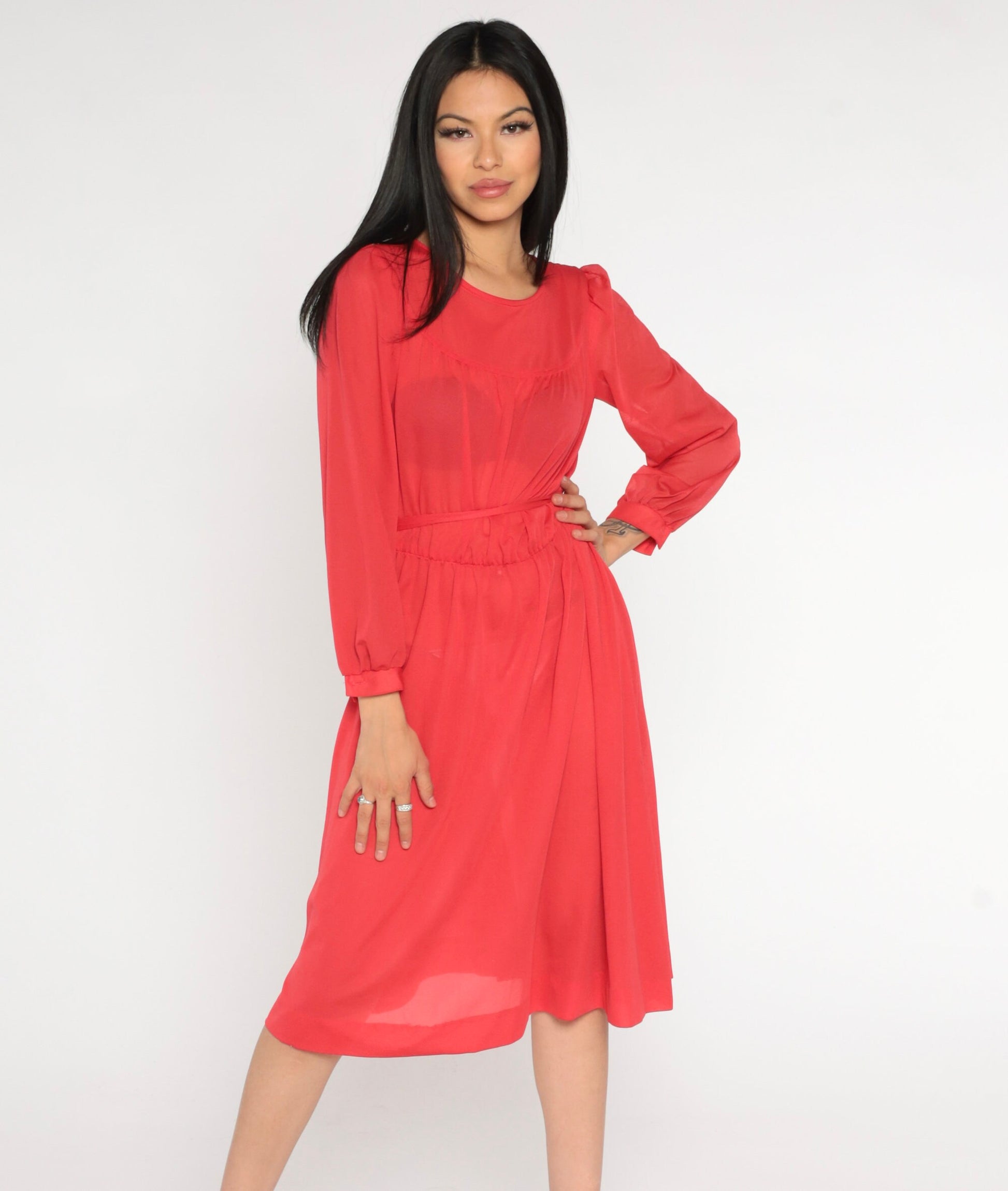 70s Red Sheer Midi Dress Puff Sleeve High Waist Long Sleeve Small Medium