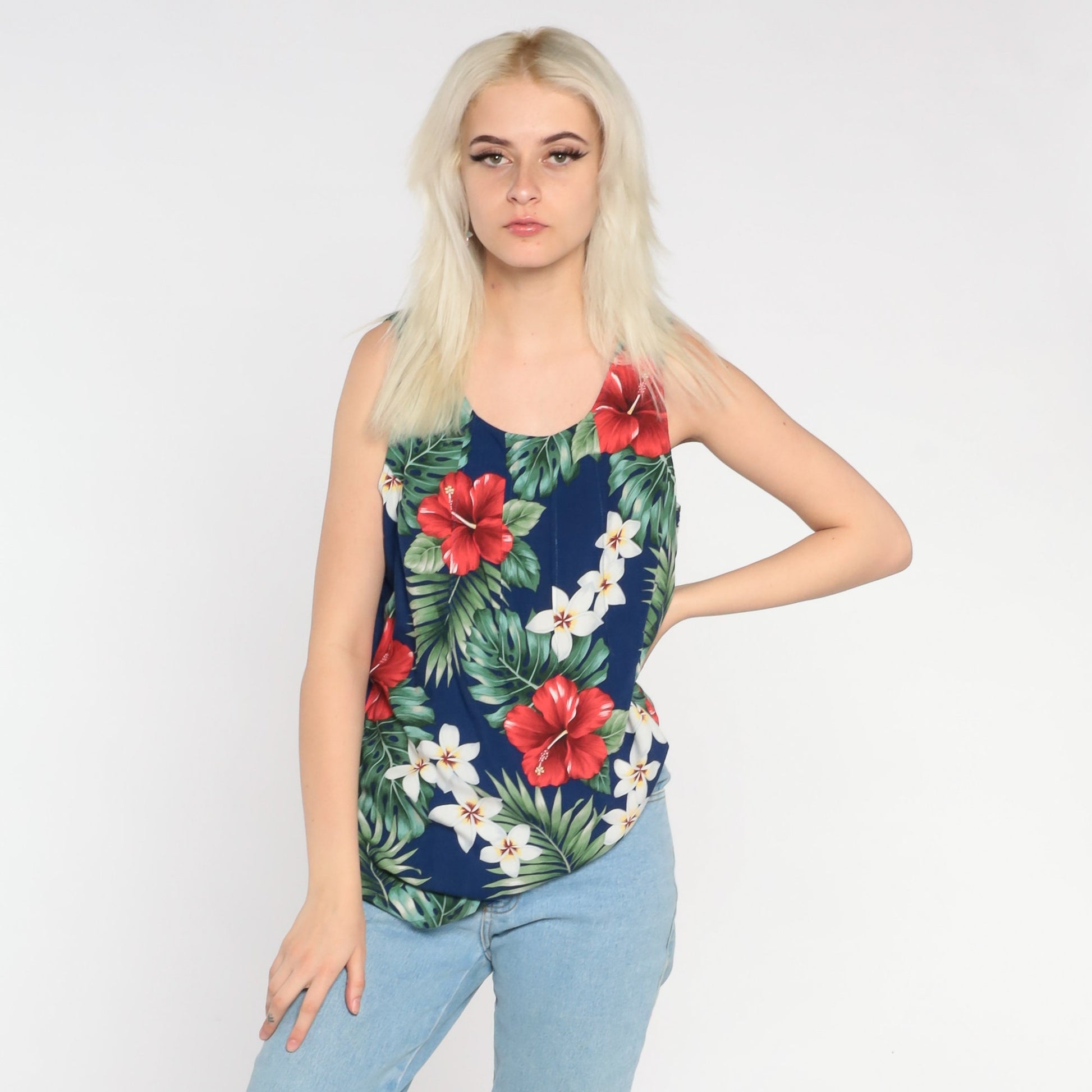90s Tropical Floral Tank Top Blue Hibiscus Print Sleeveless Blouse Medium