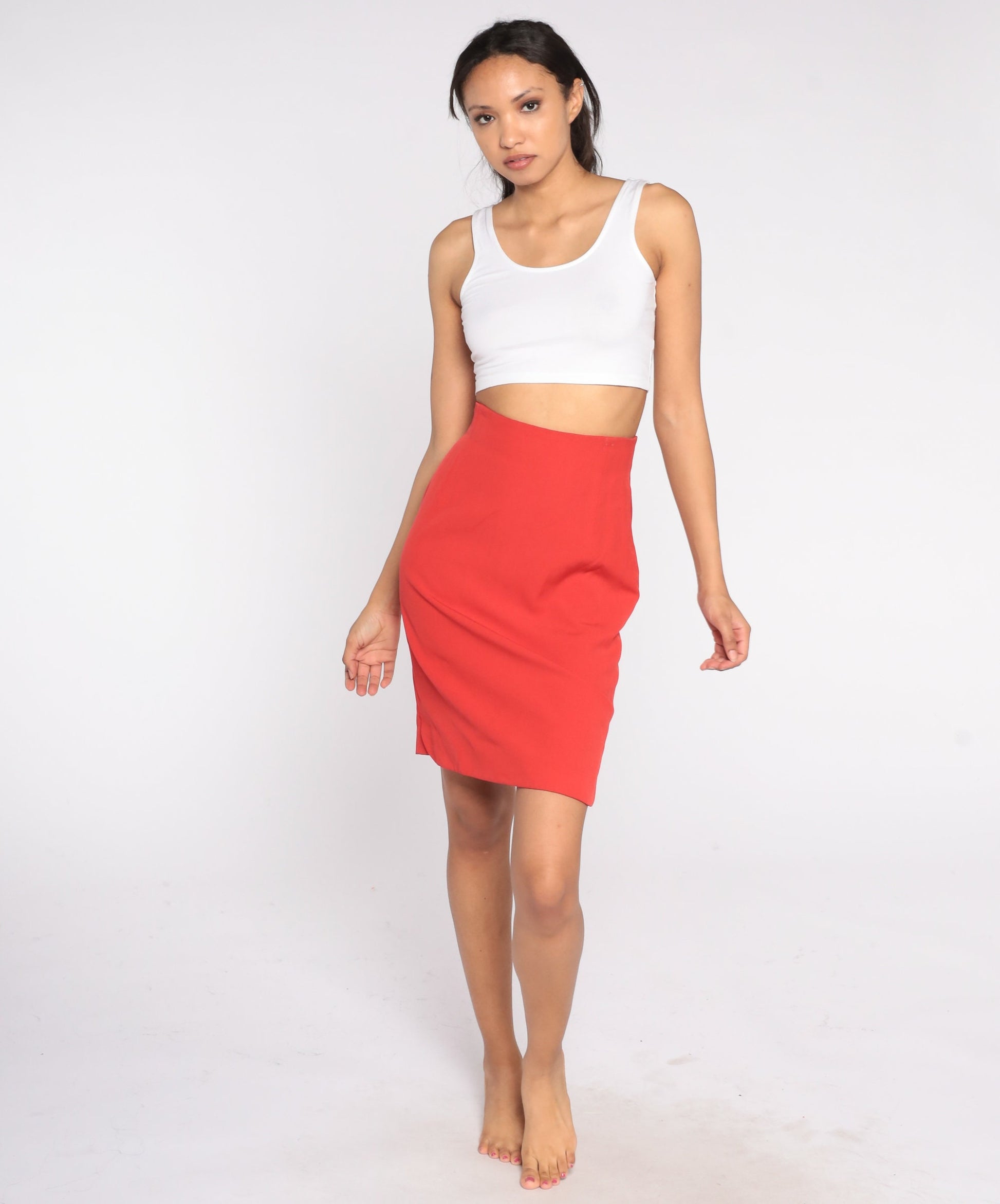 Y2K Escada Red Wool Pencil Skirt High Waist Mini Small S