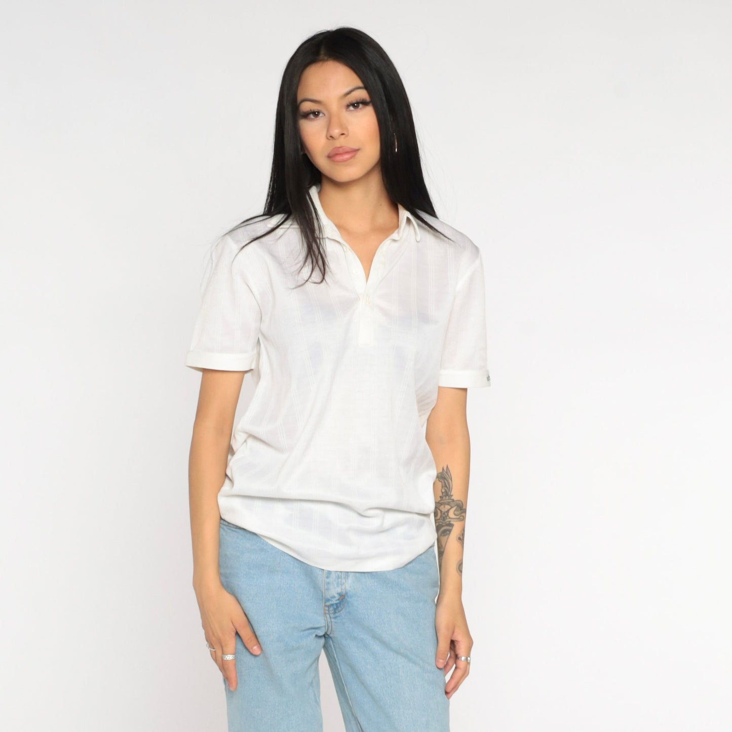 80s Adidas Polo Shirt White Half Button Collared Short Sleeve Medium
