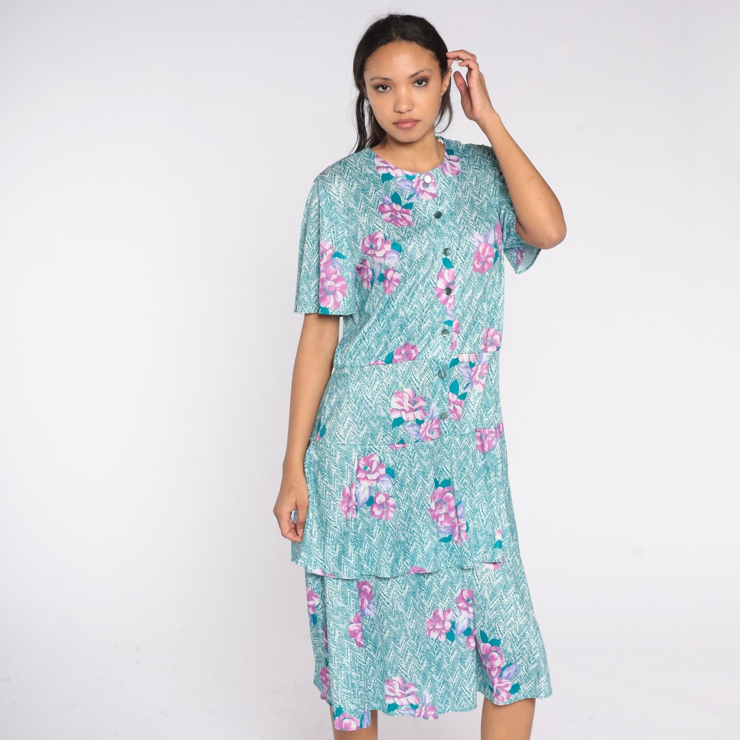 70s Floral Chevron Striped Midi Dress Button-Up Tiered Teal Purple Plus Size XXL