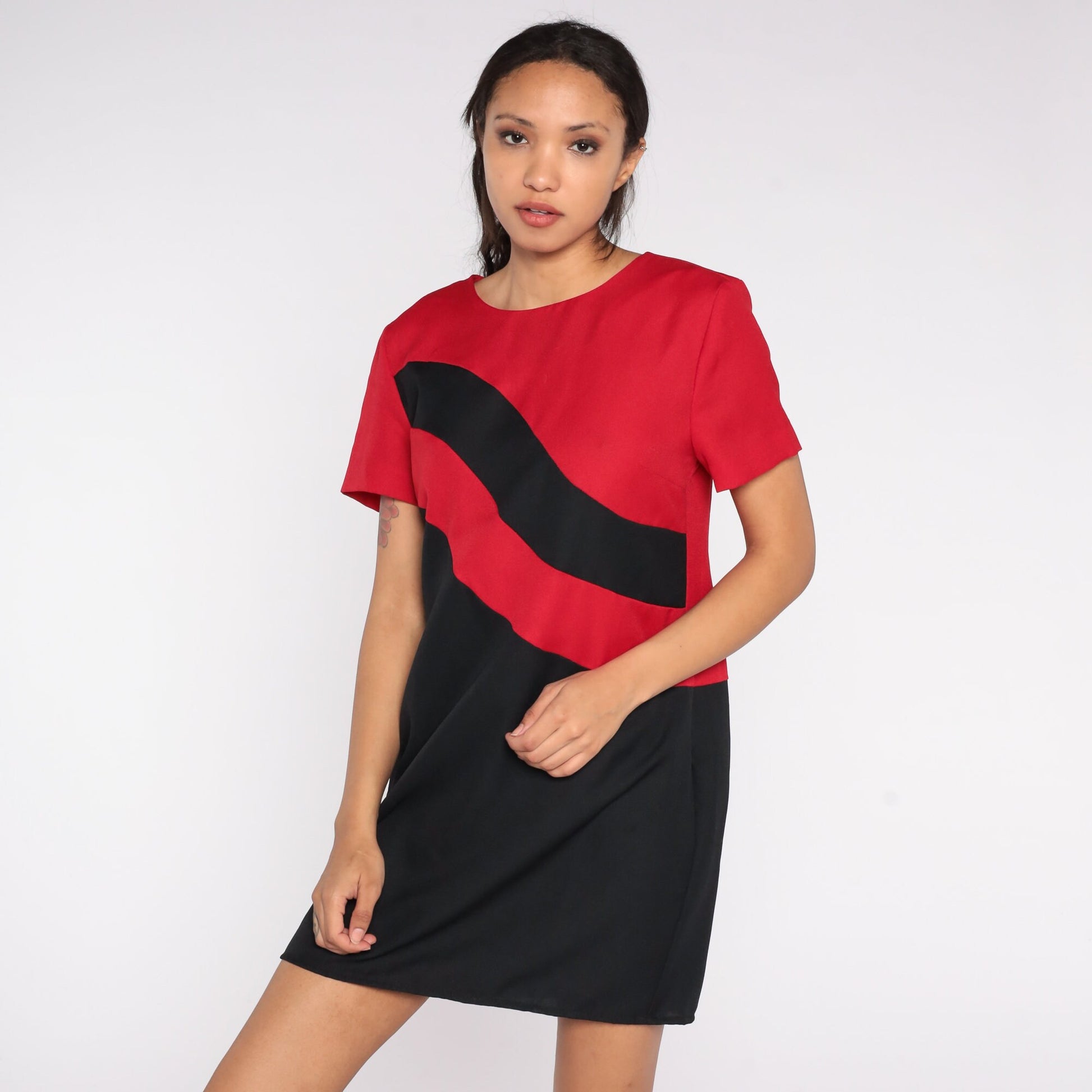 80s Color Block Pencil Dress Black Red Striped Mini Sheath Large L