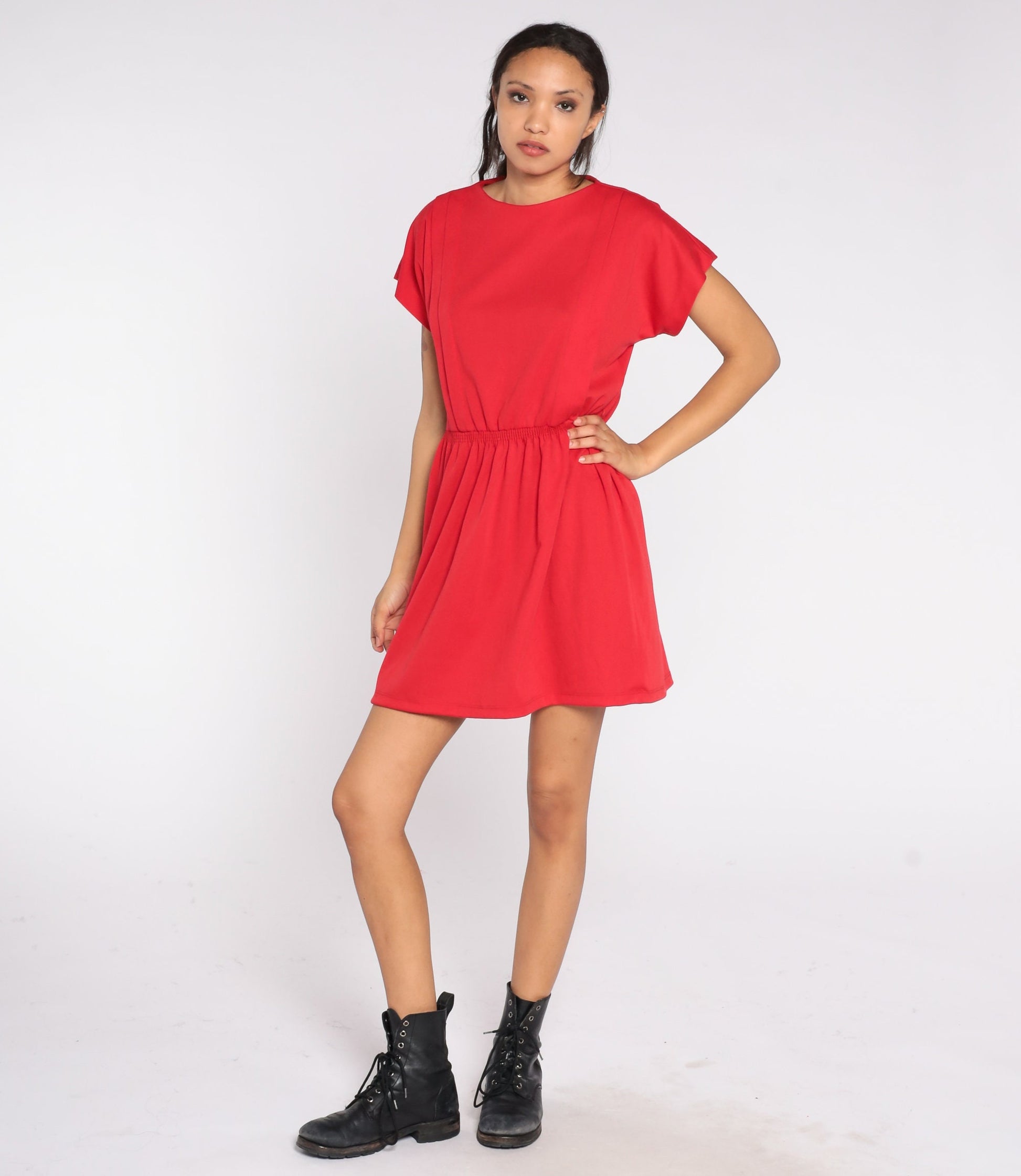 80s Red Shift Dress Mini High Waist Short Sleeve Zipper Back Medium