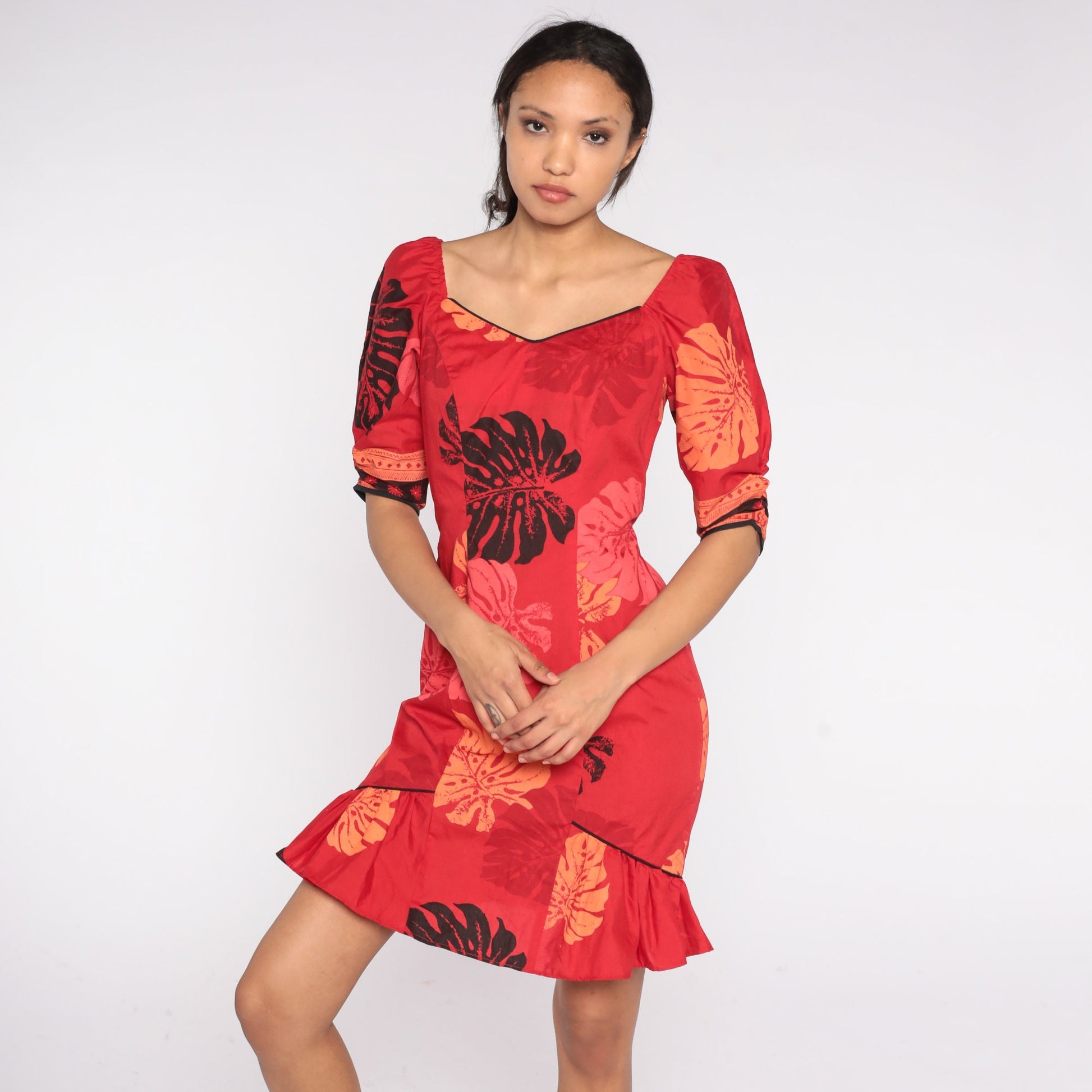 80s Hawaiian Red Tropical Leaf Mini Dress Ruffled Sheath Puff Sleeve Small