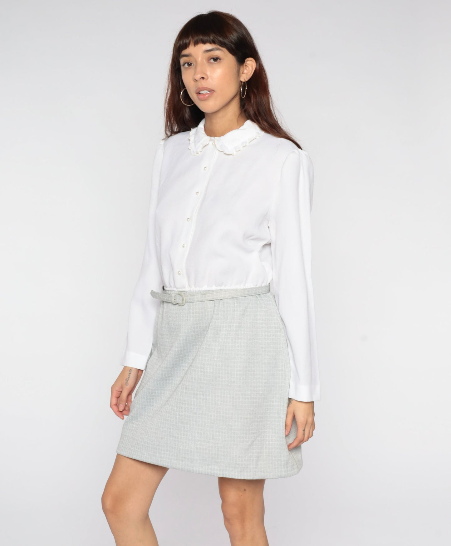 80s Leslie Fay Mini Dress Puff Sleeve Peter Pan Collar Checkered Medium Large