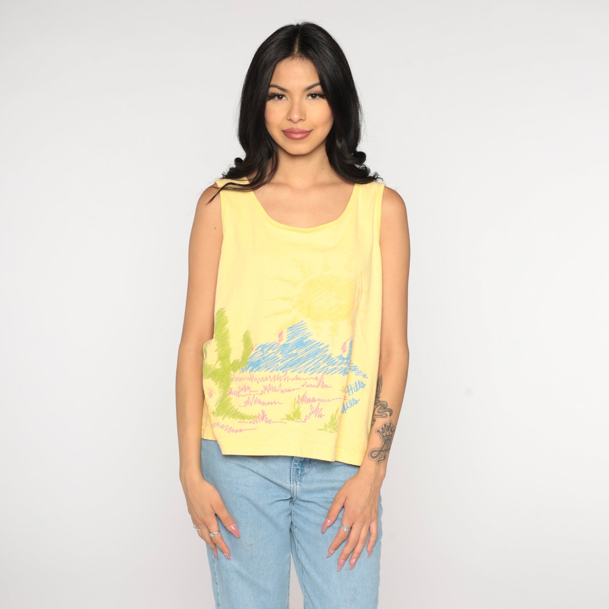 90s Beverly Hills Blues Desert Tank Top Yellow Graphic Cactus Medium