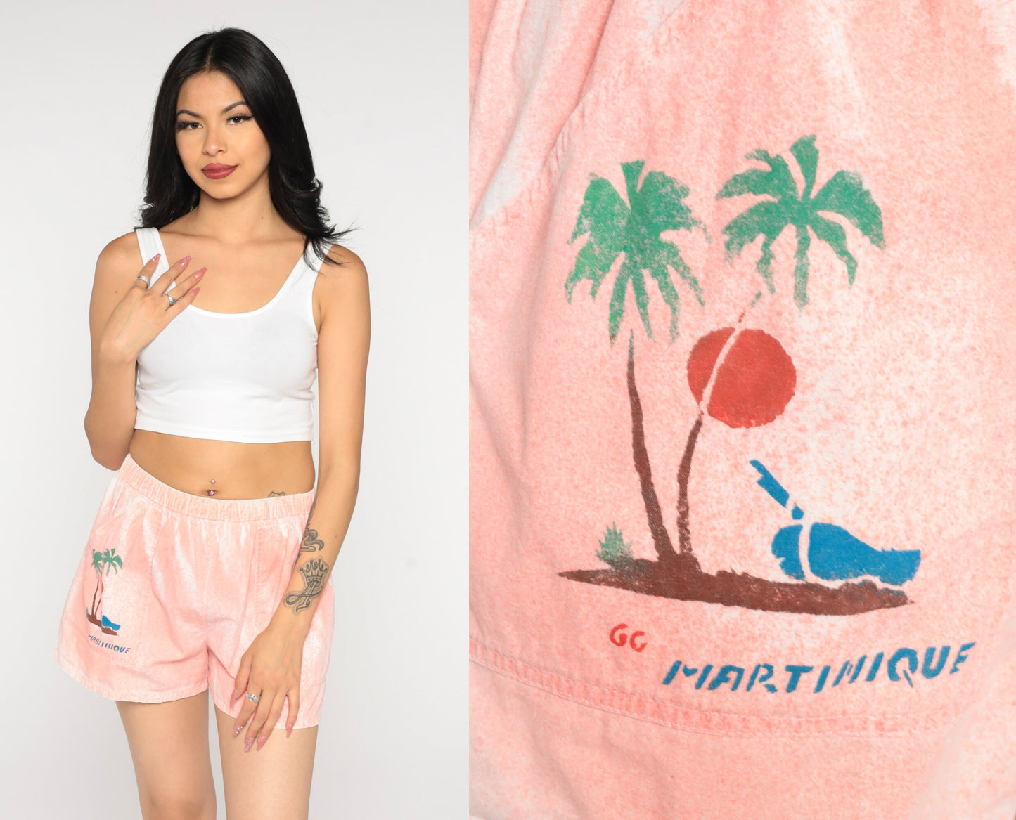 90s Martinique Palm Tree Graphic Shorts High Waist Pink Small Medium