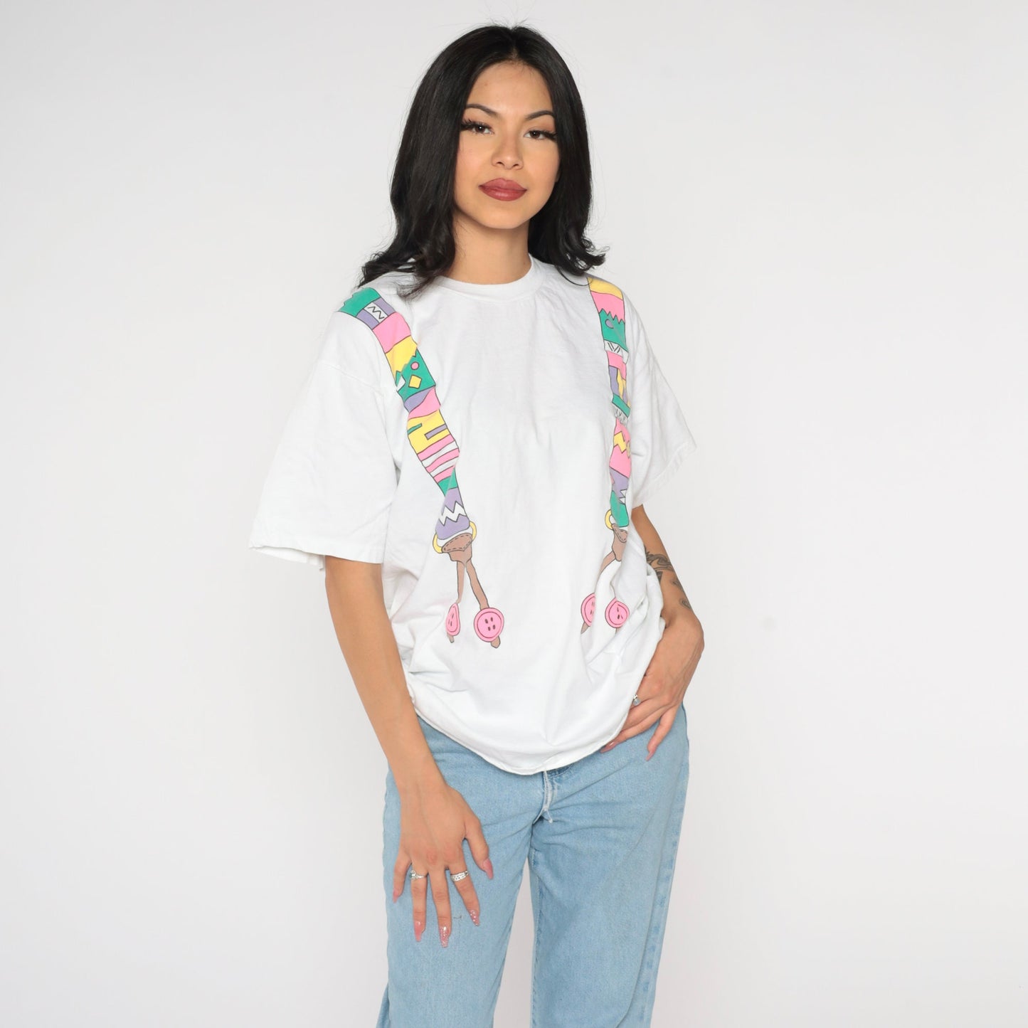 80s Suspenders Graphic Cotton T-Shirt Colorful Print Single Stitch Extra Large