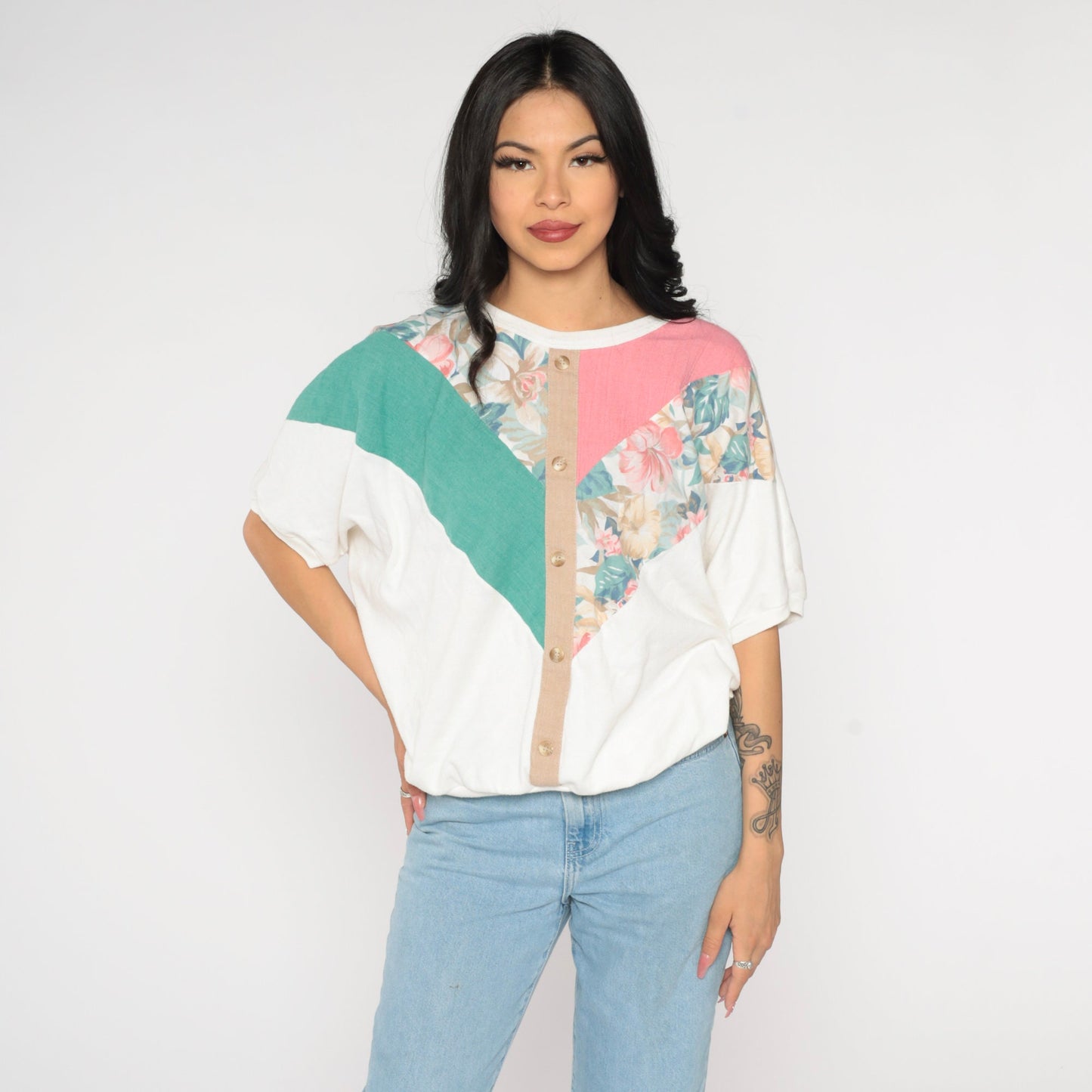 90s Colorblock Floral Striped Cotton T-Shirt White Banded Hem Medium M
