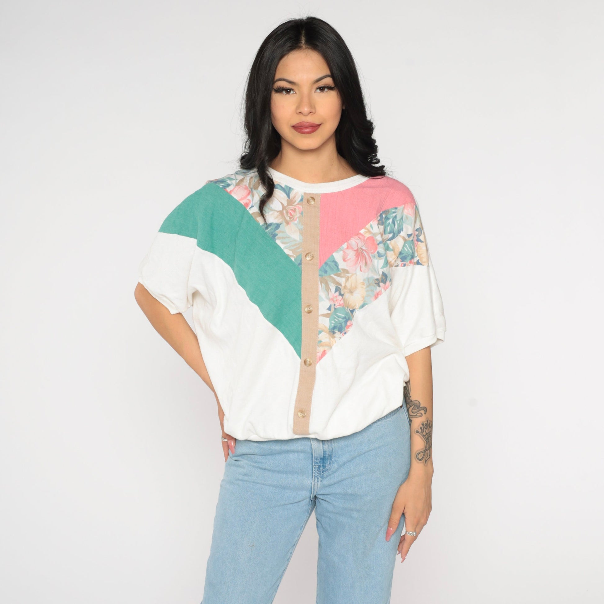 90s Colorblock Floral Striped Cotton T-Shirt White Banded Hem Medium M