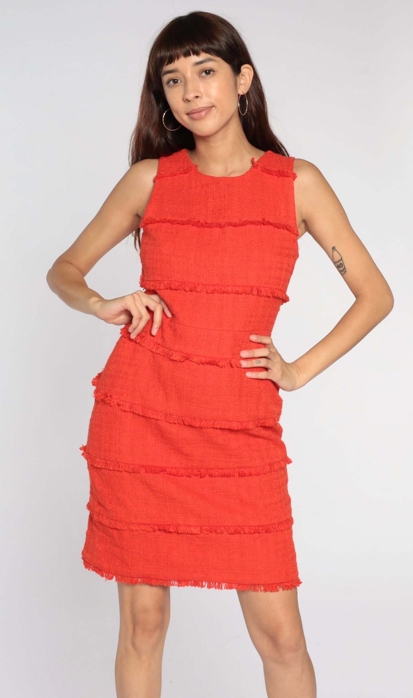 00s Orange Cotton Mini Dress Sleeveless Sheath Fringe Trim Small
