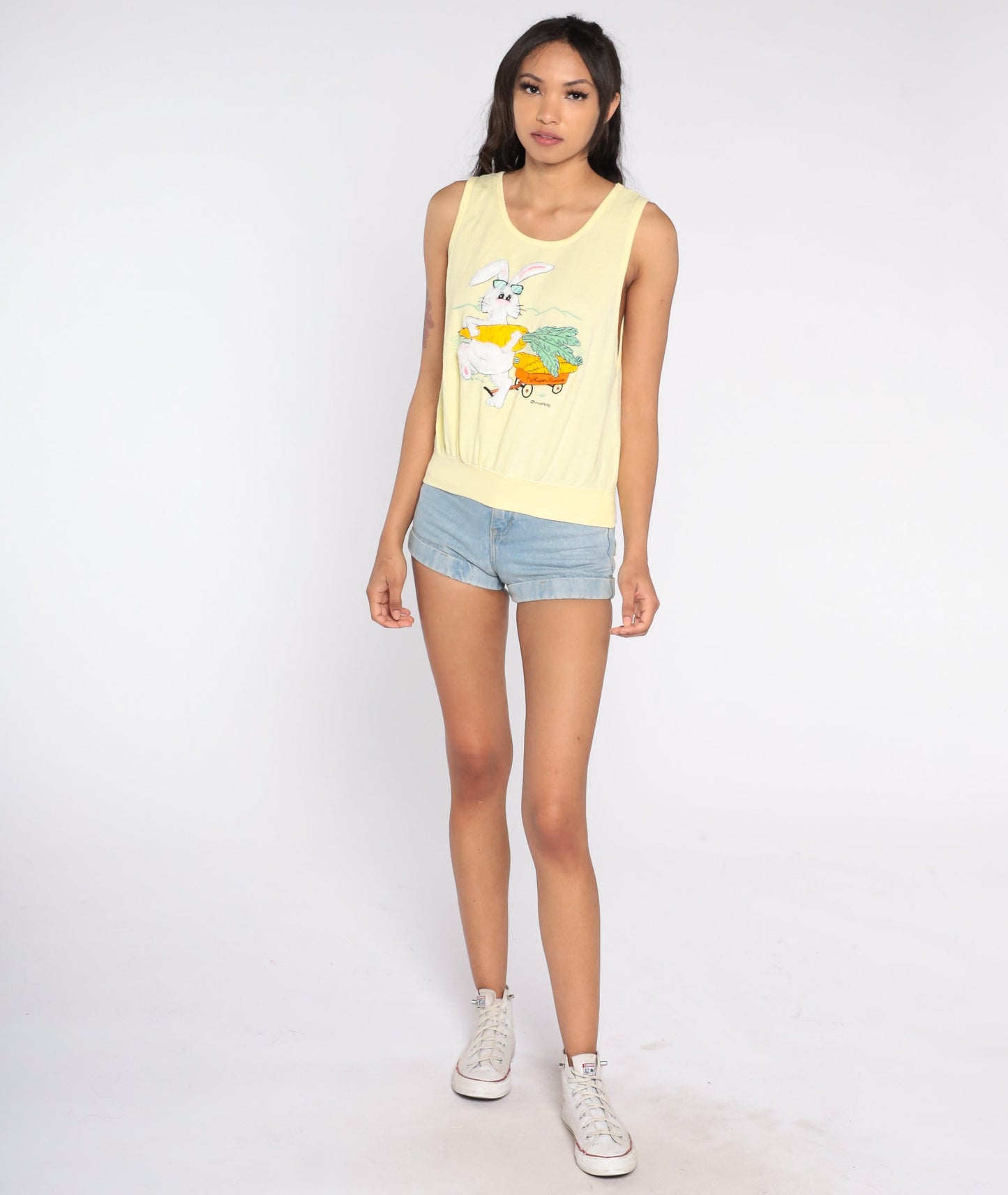 80s Yellow Fuzzy Bunny Tank Top Graphic Sleeveless Blouse Small