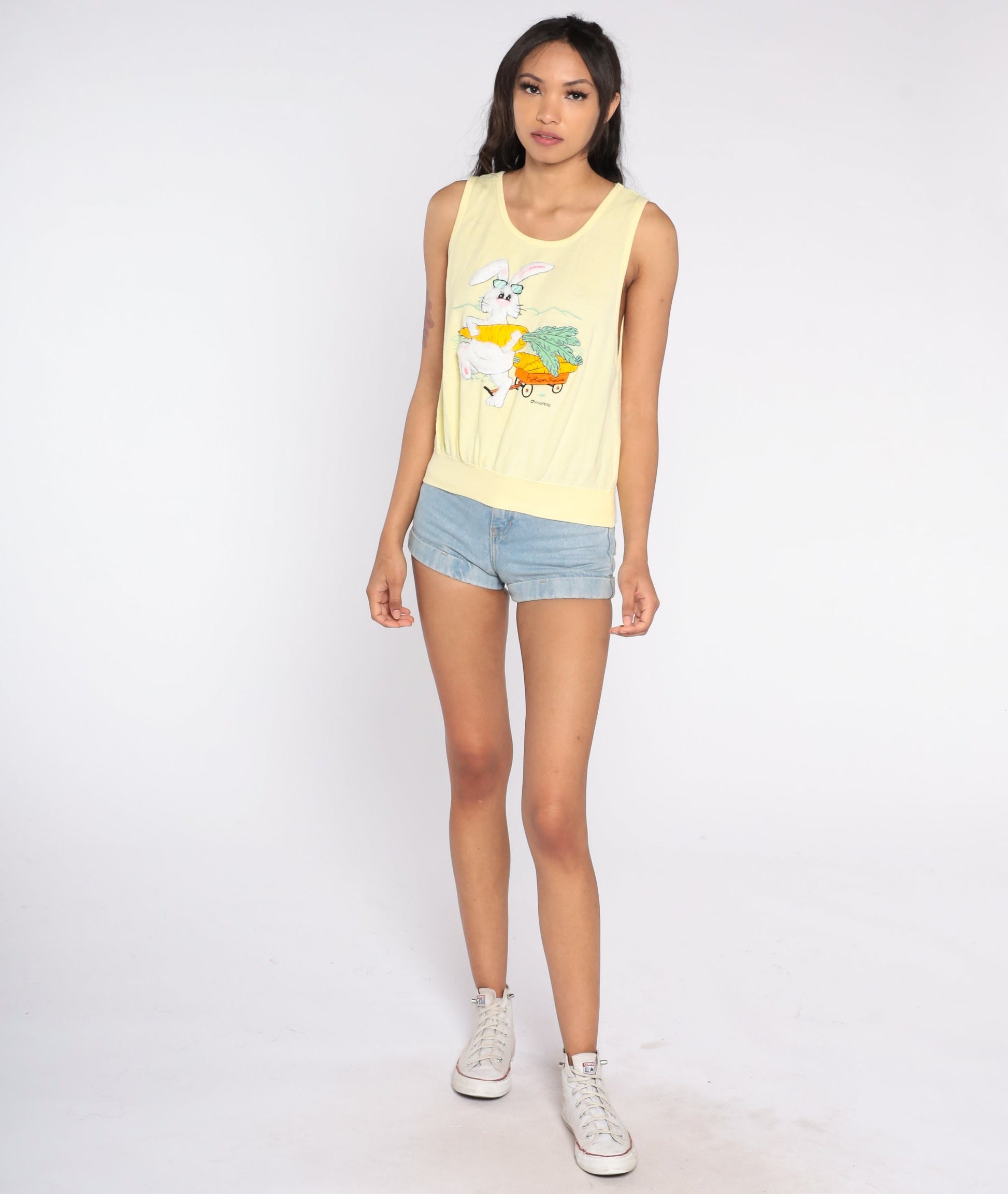 80s Yellow Fuzzy Bunny Tank Top Graphic Sleeveless Blouse Small