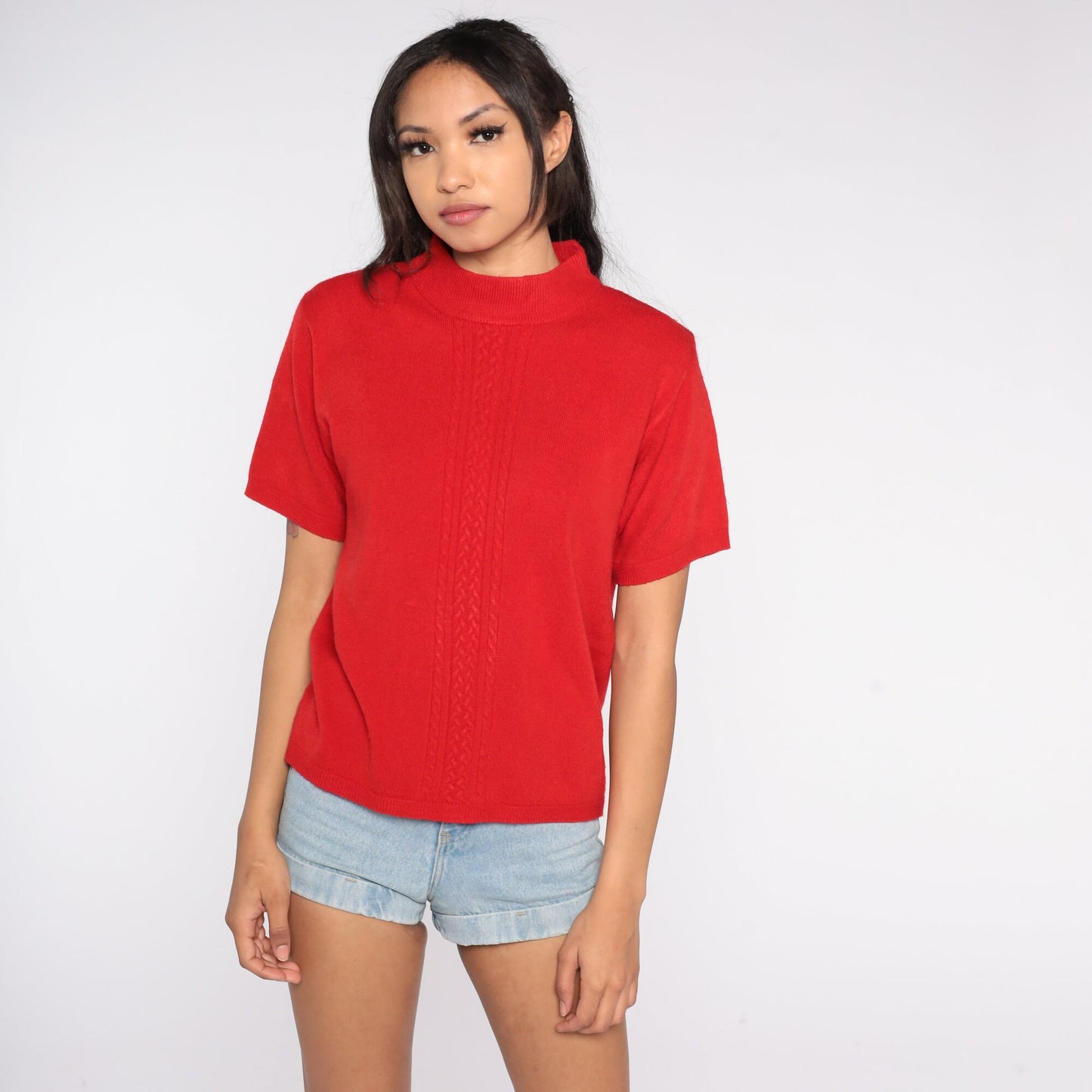 90s Red Knit Mock Neck Short Sleeve Top Medium M