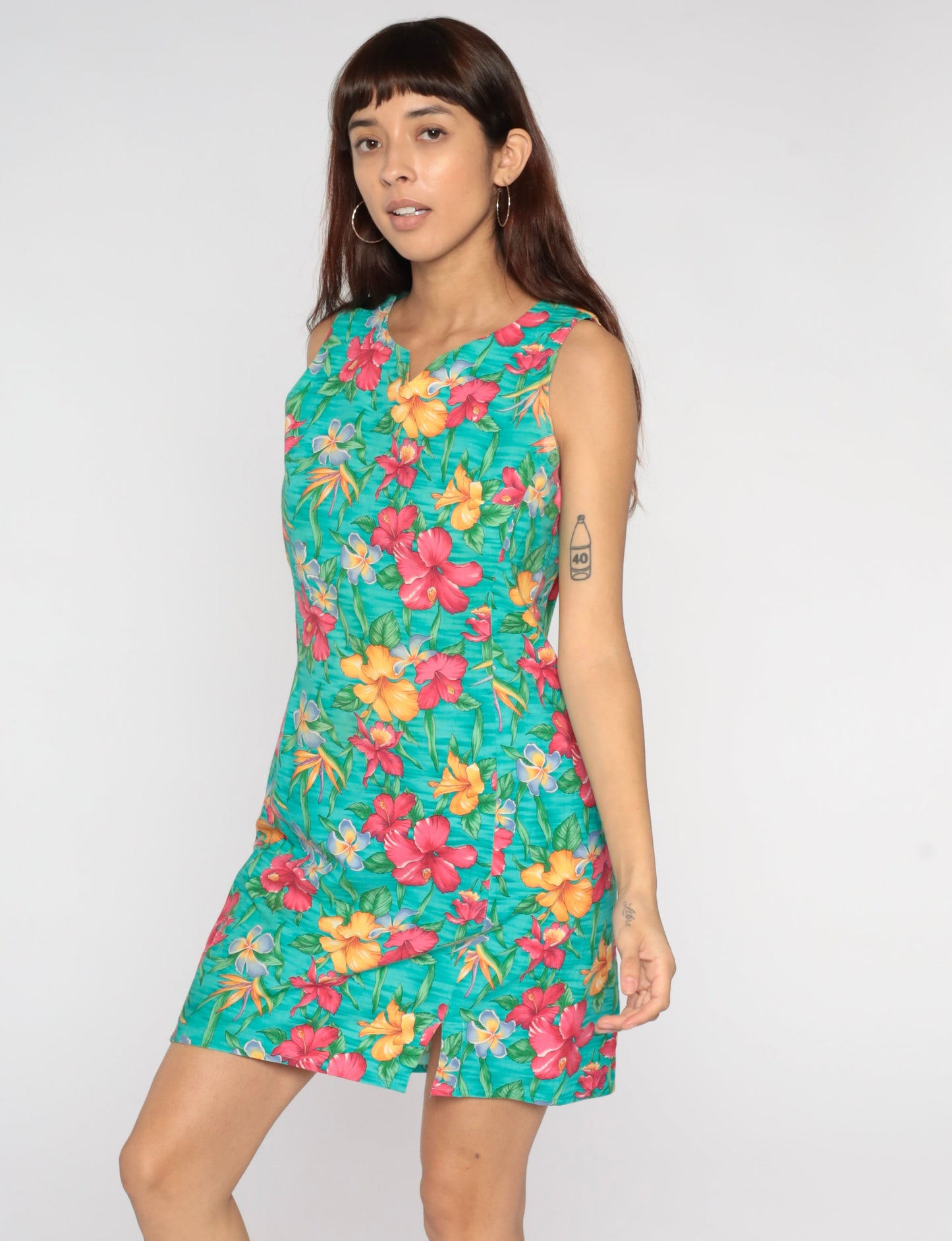 90s Floral Sheath Sundress Turquoise Mini Sleeveless Small Medium