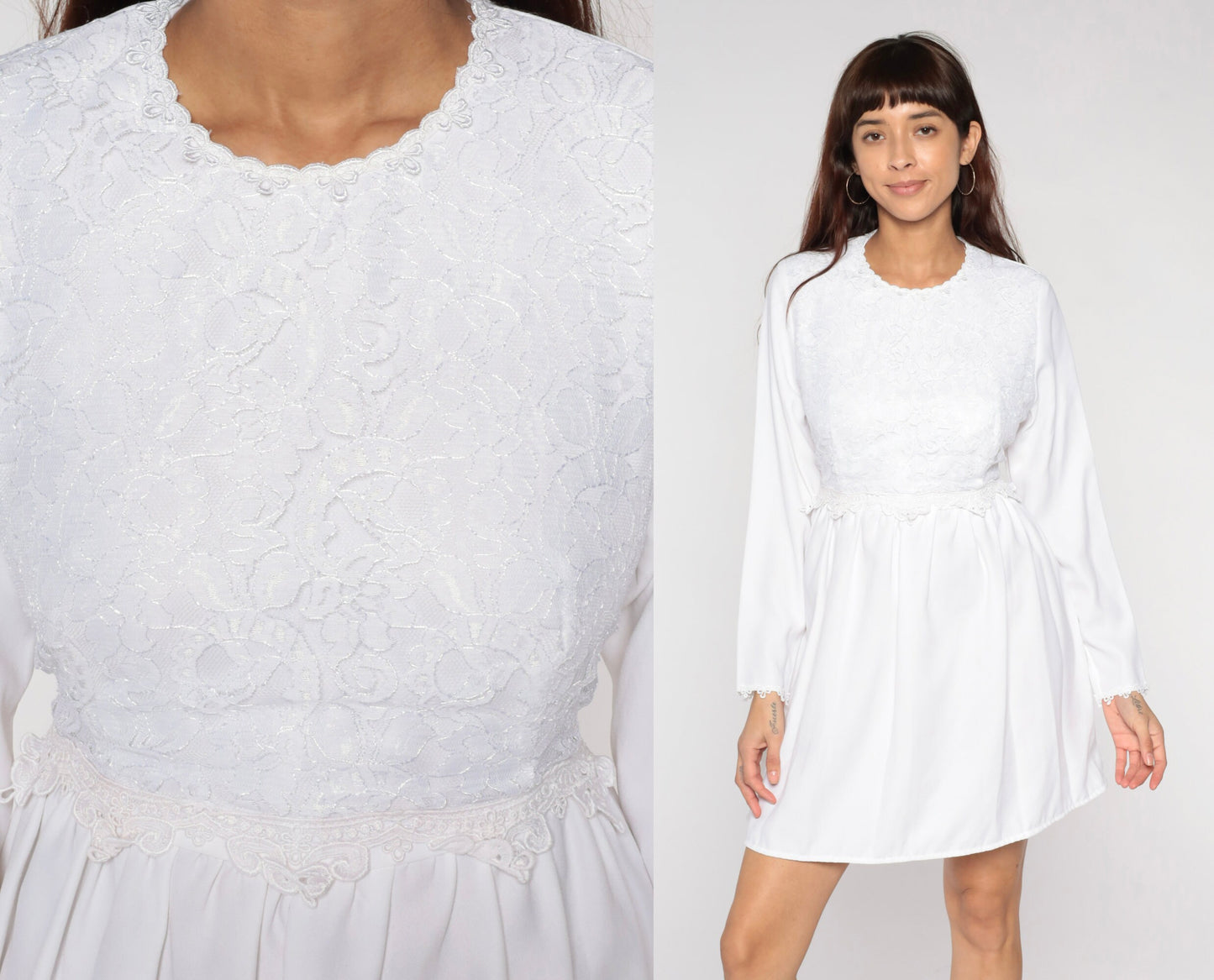 90s White Lace Mini Dress High Waist Long Sleeve Party Small