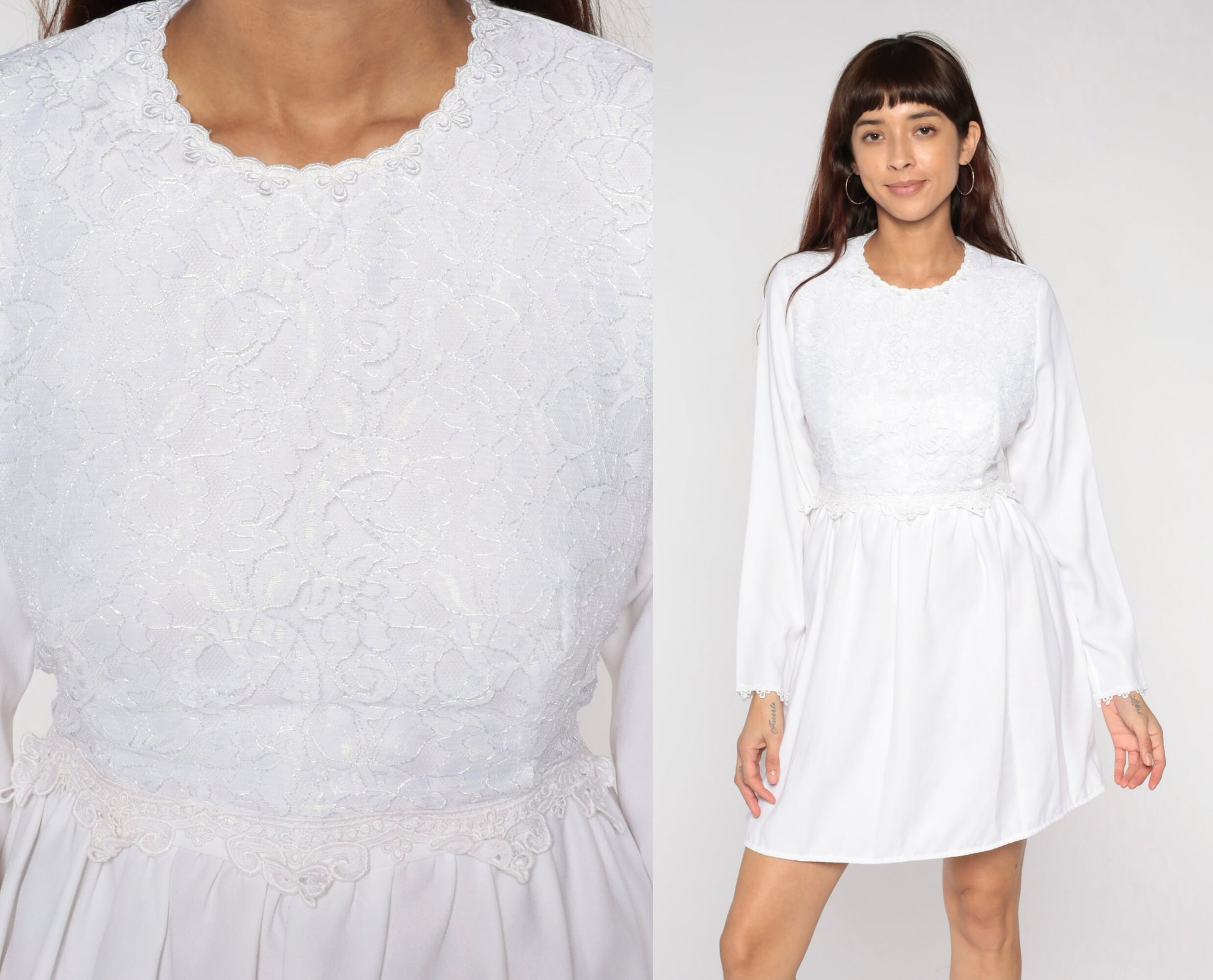 90s White Lace Mini Dress High Waist Long Sleeve Party Small