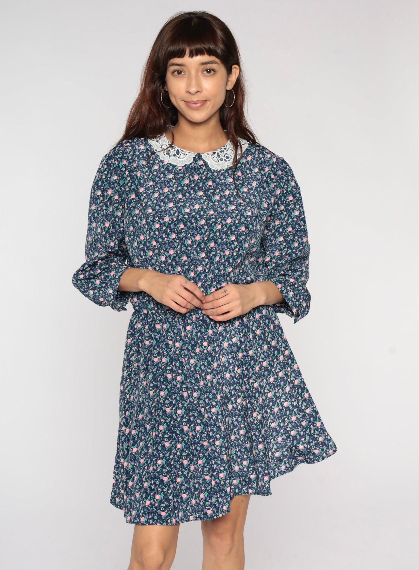 80s Blue Floral Mini Dress Lace Collar 3/4 Sleeve Plus Size XL