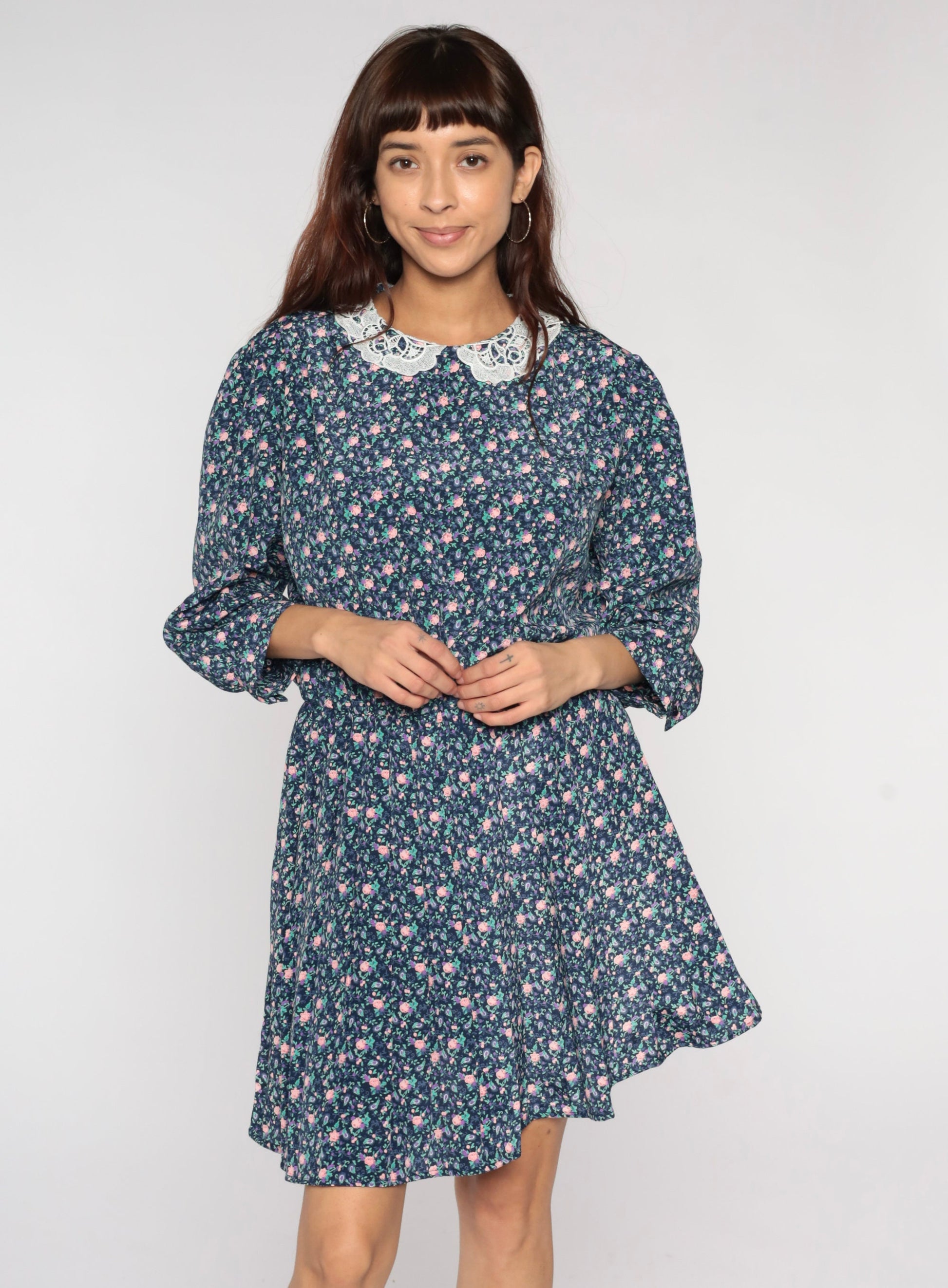 80s Blue Floral Mini Dress Lace Collar 3/4 Sleeve Plus Size XL