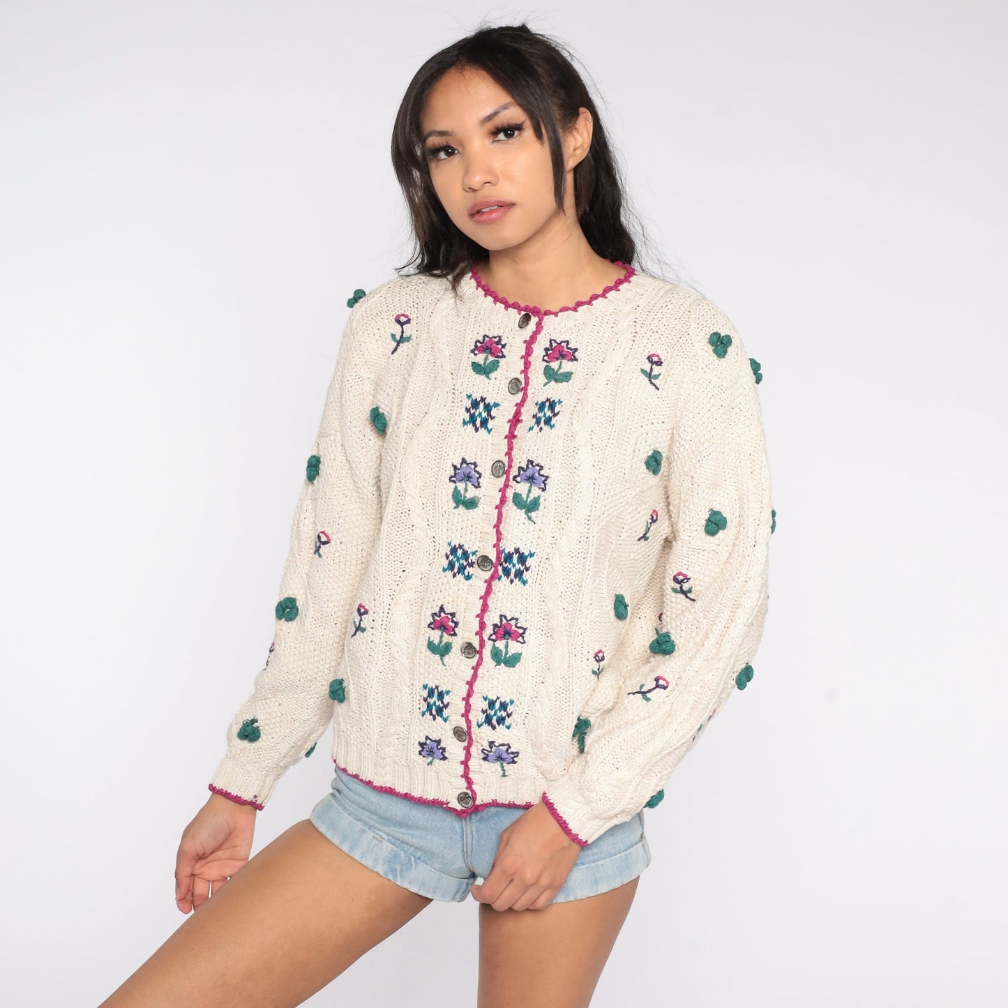 90s Cream Cable Knit Floral Cardigan Button Up Sweater Extra Large XXL