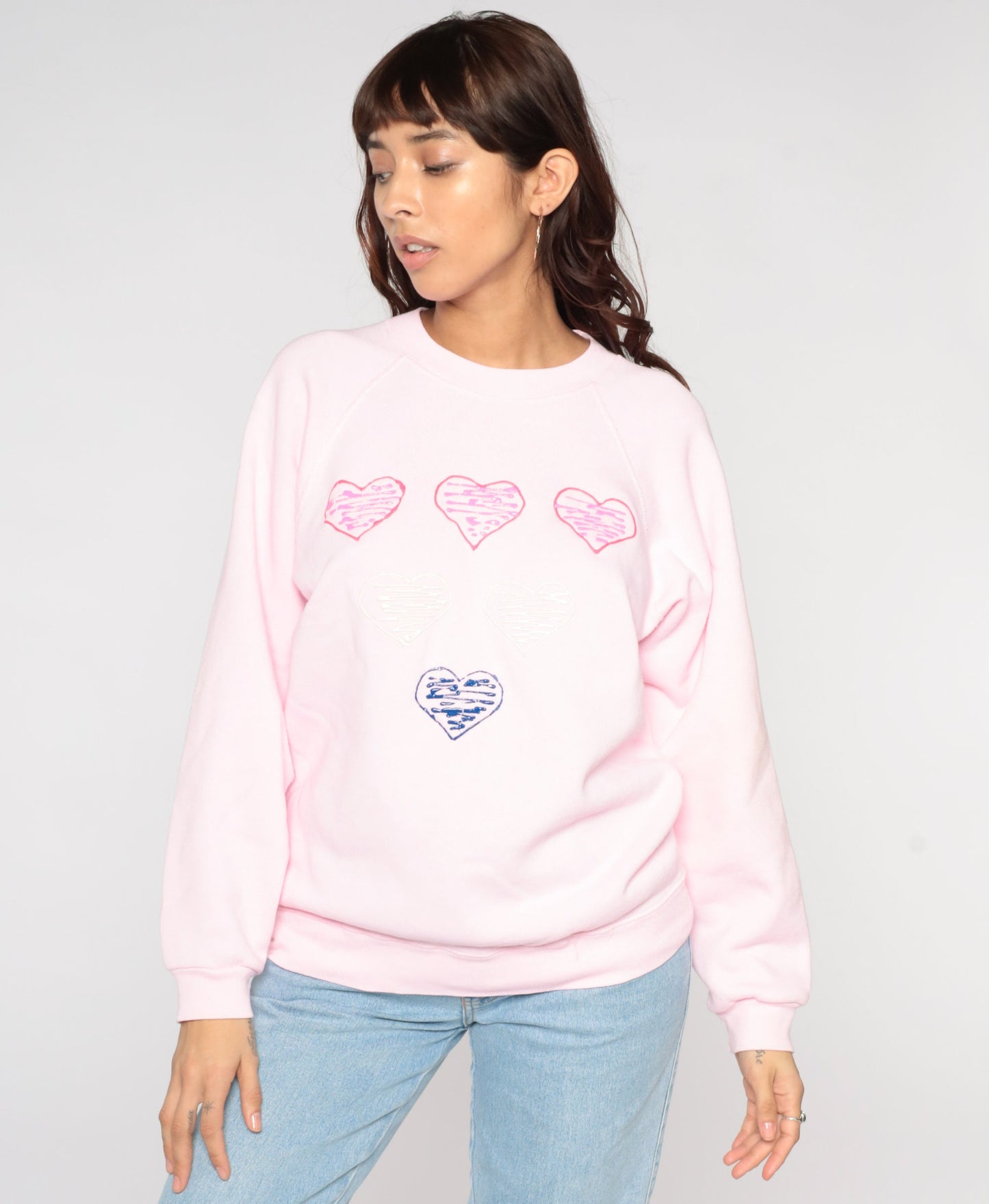 80s Hand Painted Heart Sweatshirt Baby Pink Raglan Graphic Large L