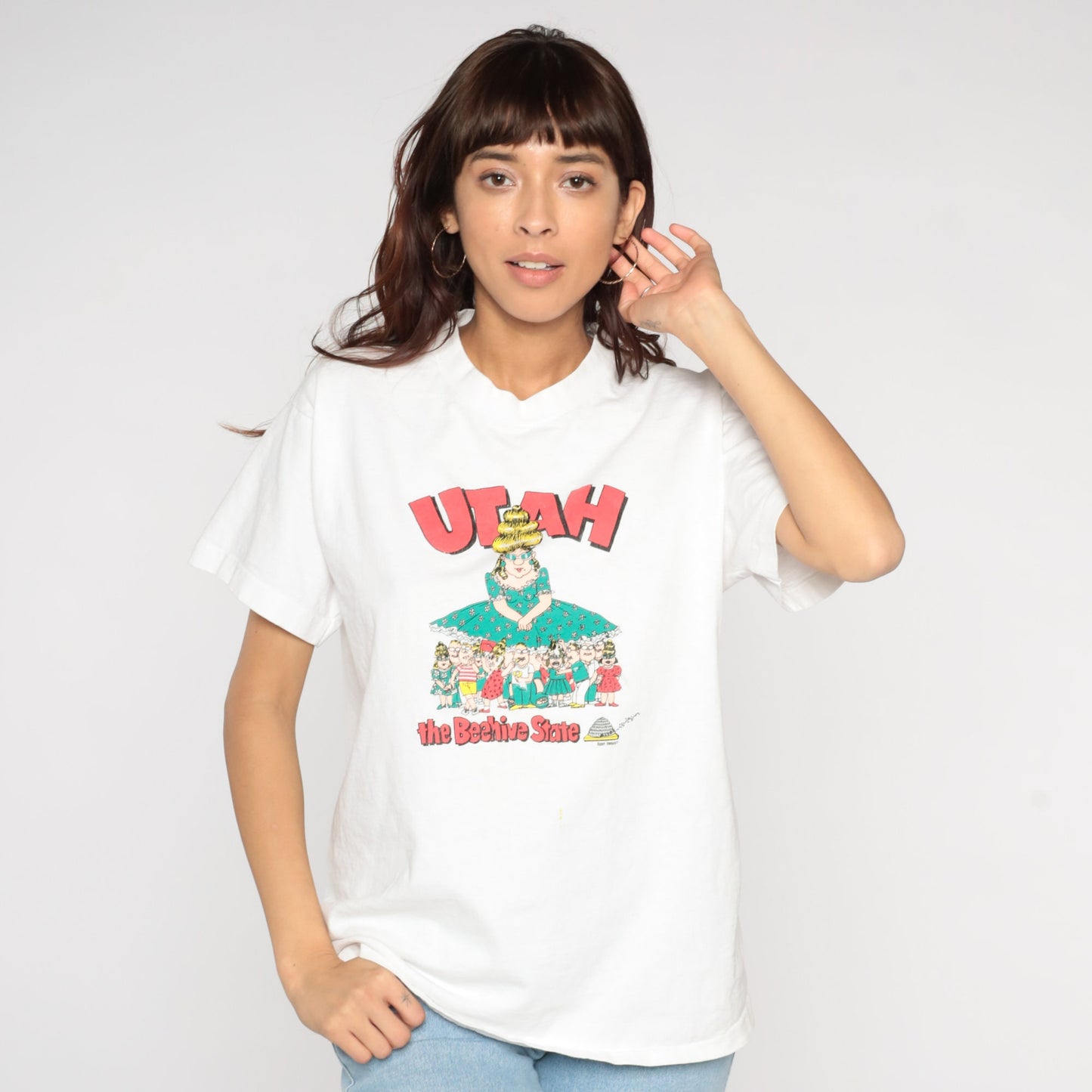 90s Utah Beehive State Graphic T-Shirt Single Stitch Cartoon Print Medium