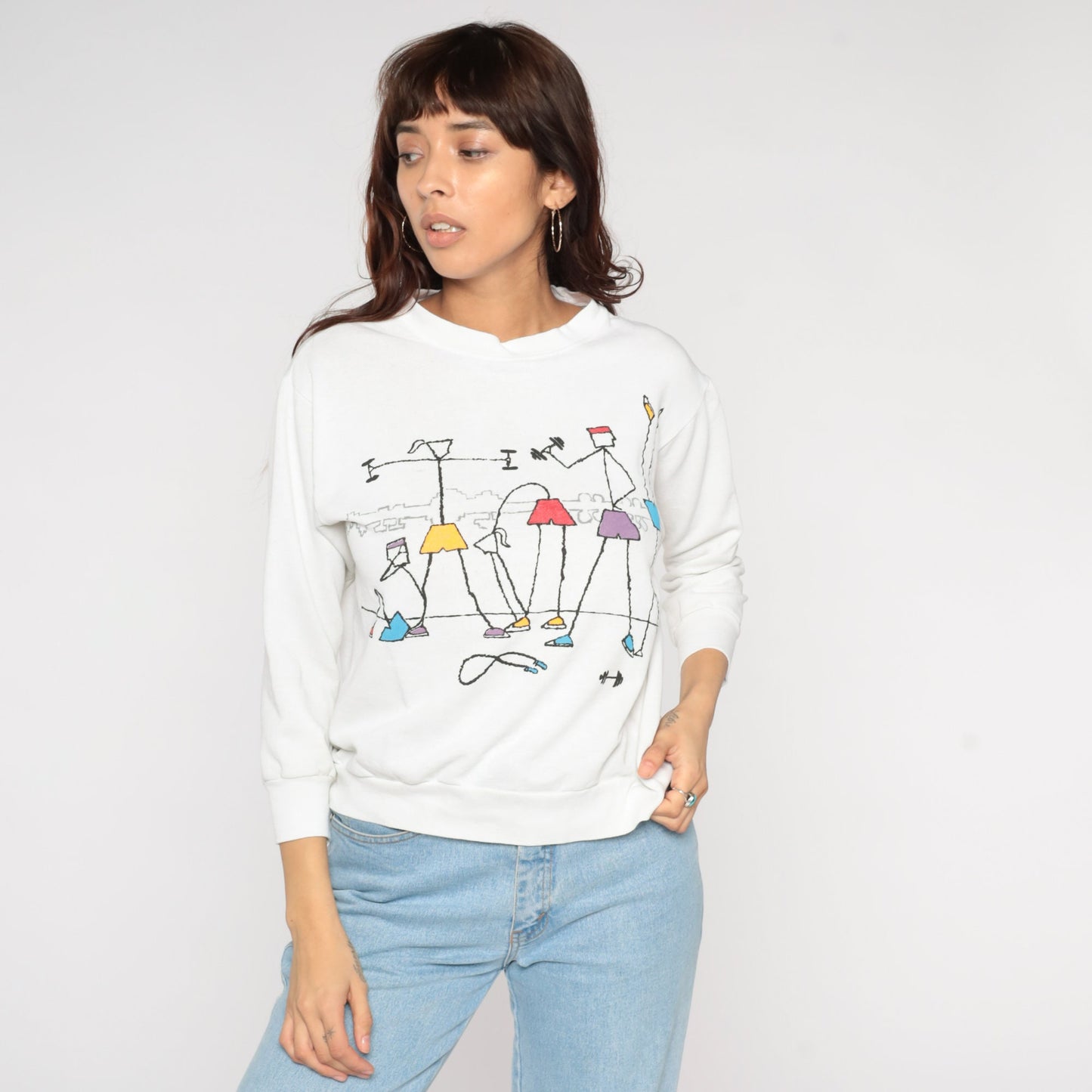 80s Workout Graphic Sweatshirt Stick Figure Fitness White Crewneck Medium