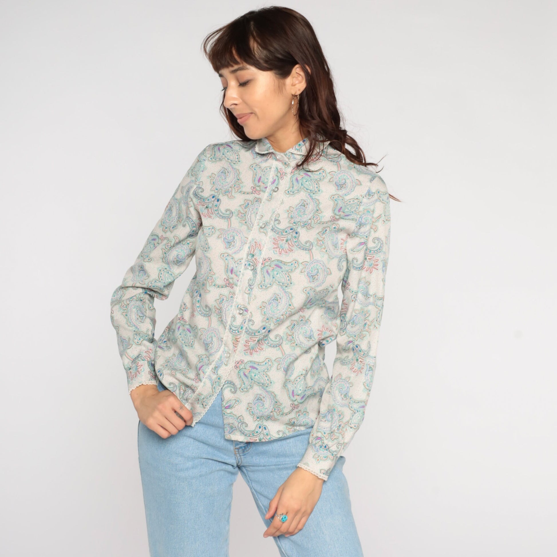 80s Paisley Blouse Peter Pan Collar Button-Up Long Sleeve Off-White Small S