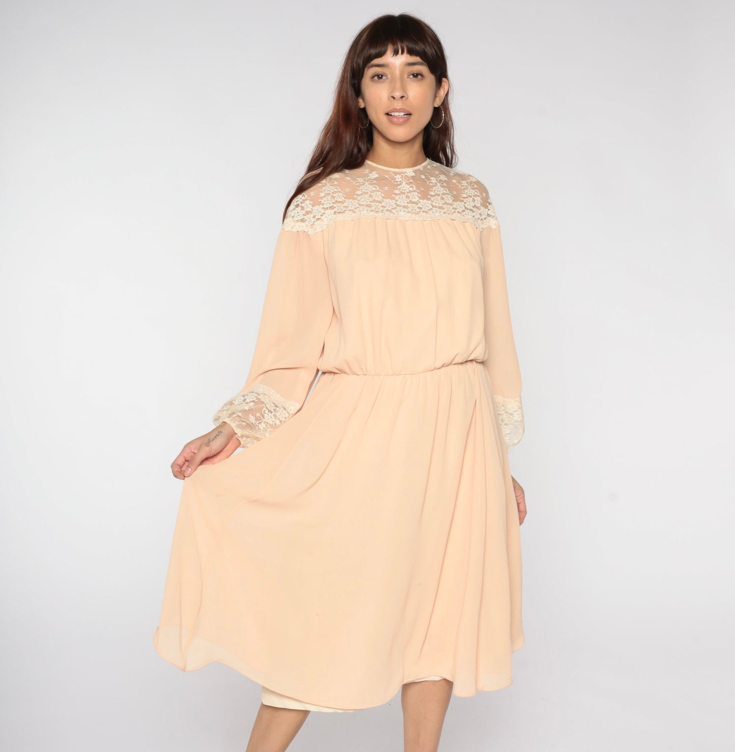 70s Peach Lace Midi Dress Illusion Neckline Long Sleeve High Waist Medium