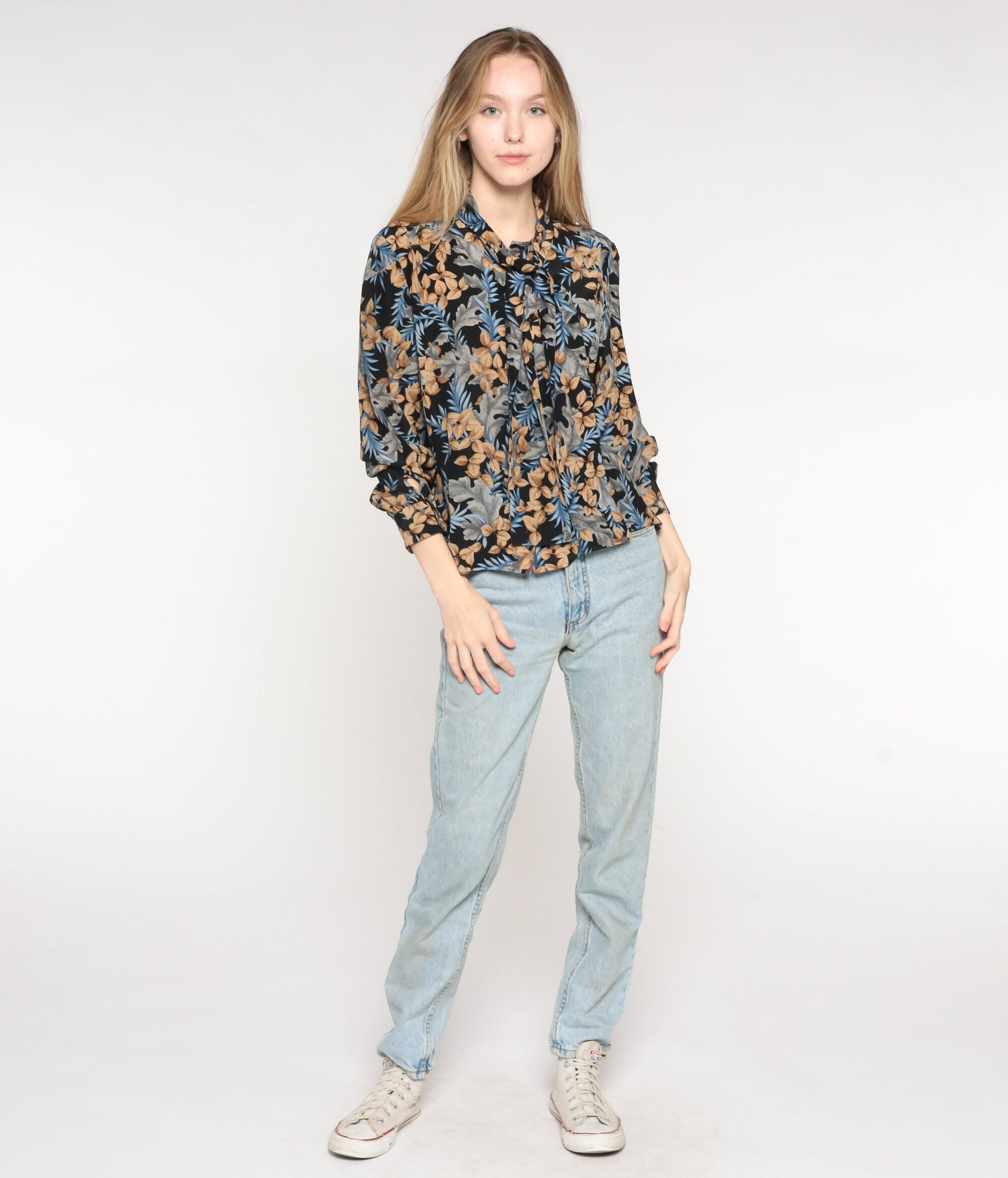 90s Black Leaf Print Ascot Blouse Long Sleeve Button Up Medium