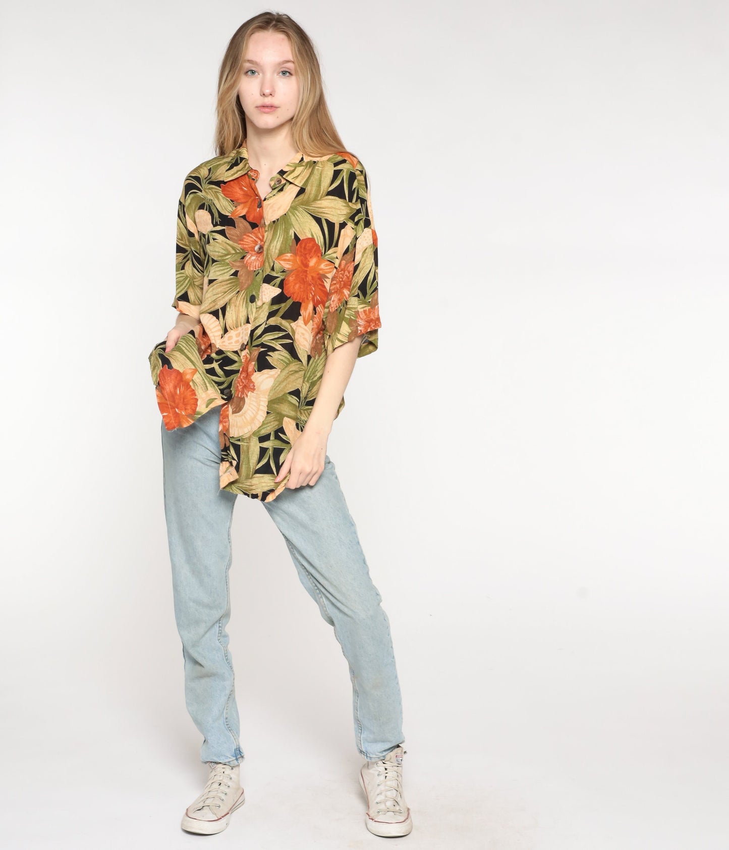 90s Tropical Floral Seashell Button-Up Shirt Orange Green Rayon Medium