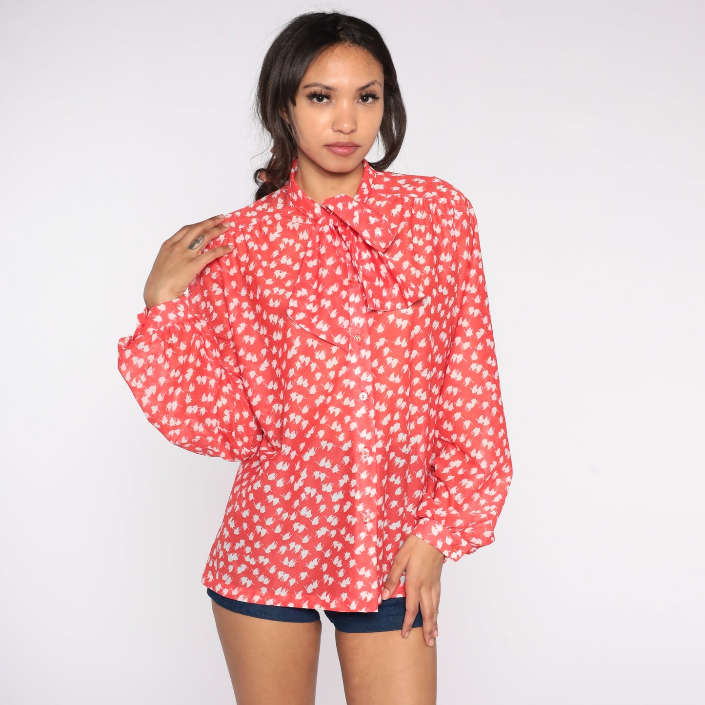 70s Red Abstract Leaf Print Ascot Blouse Long Sleeve Button Up Extra Large