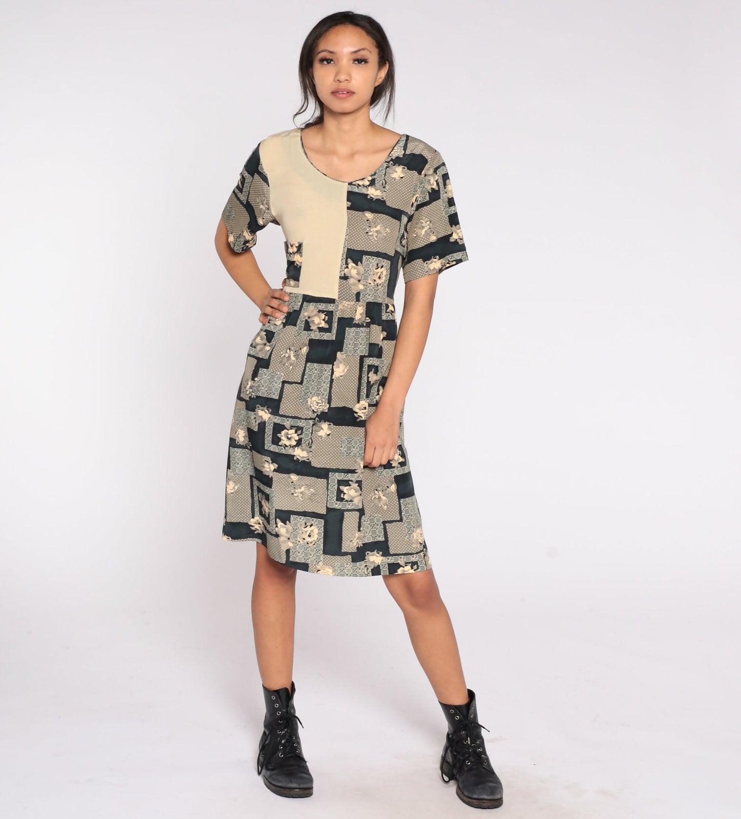 90s Geometric Floral Midi Dress High Waist Short Sleeve Taupe Medium