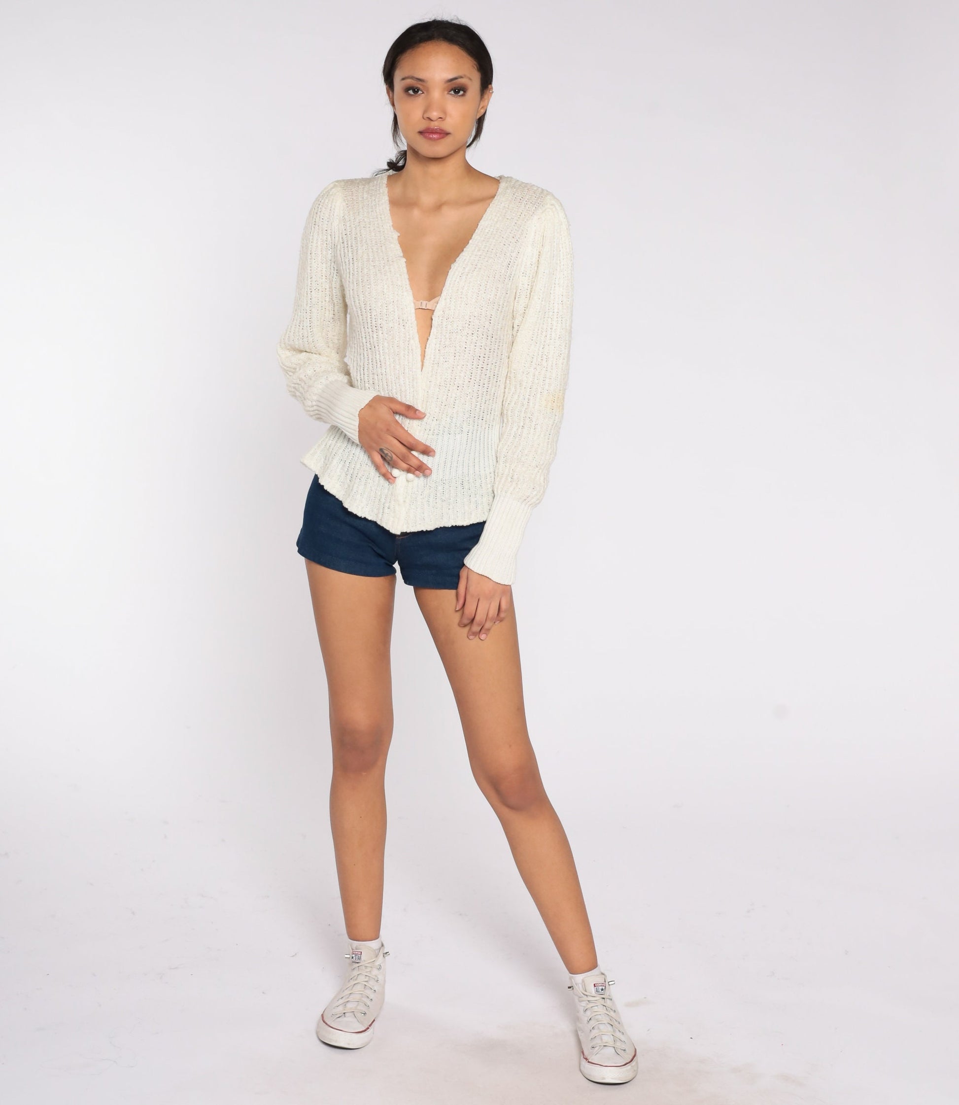 80s Off-White Deep V-Neck Cardigan Double Breasted Knit Sweater Medium M