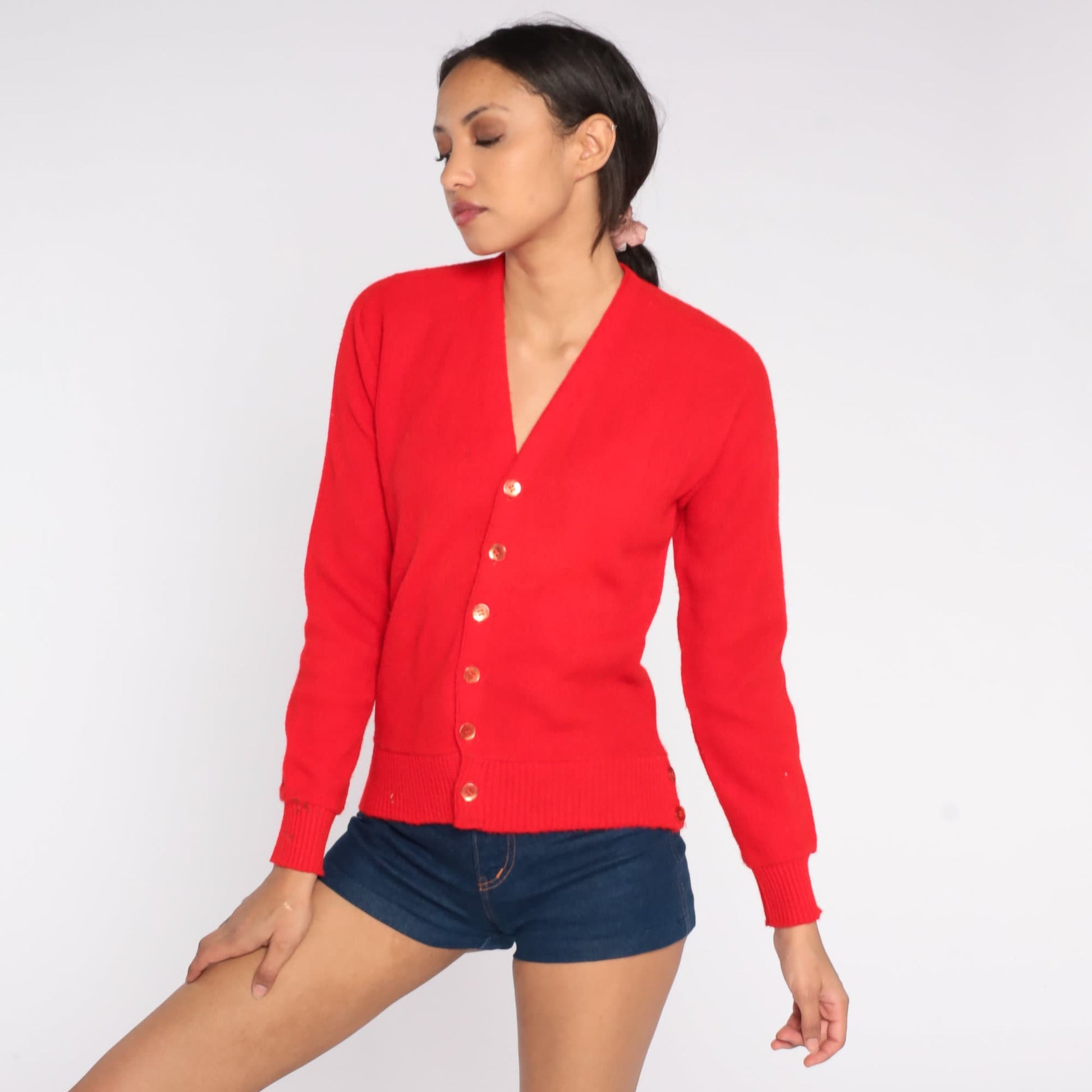 70s Red Knit Cardigan Button-Up Sweater Small