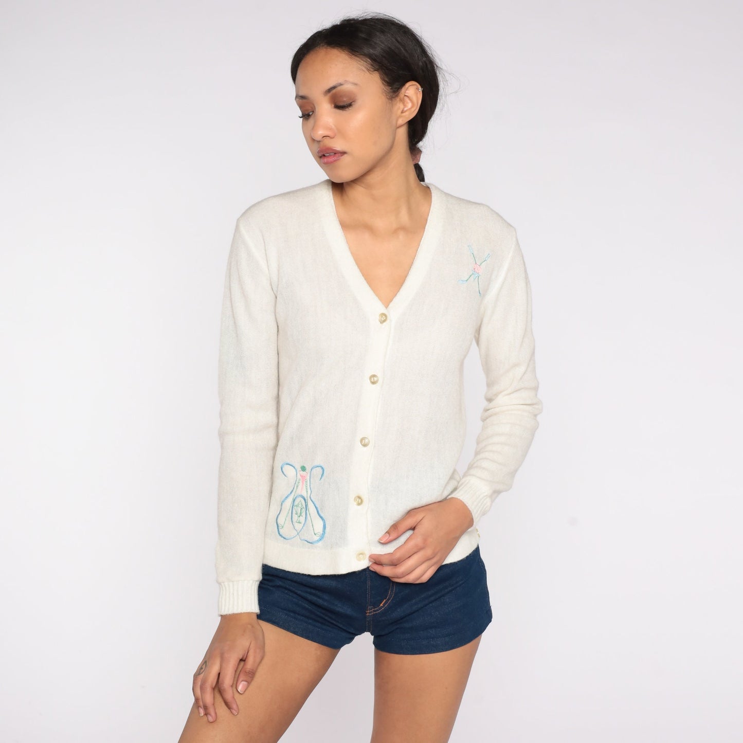 70s Golf Embroidered Cardigan Cream Knit Button-Up Sweater Extra Small