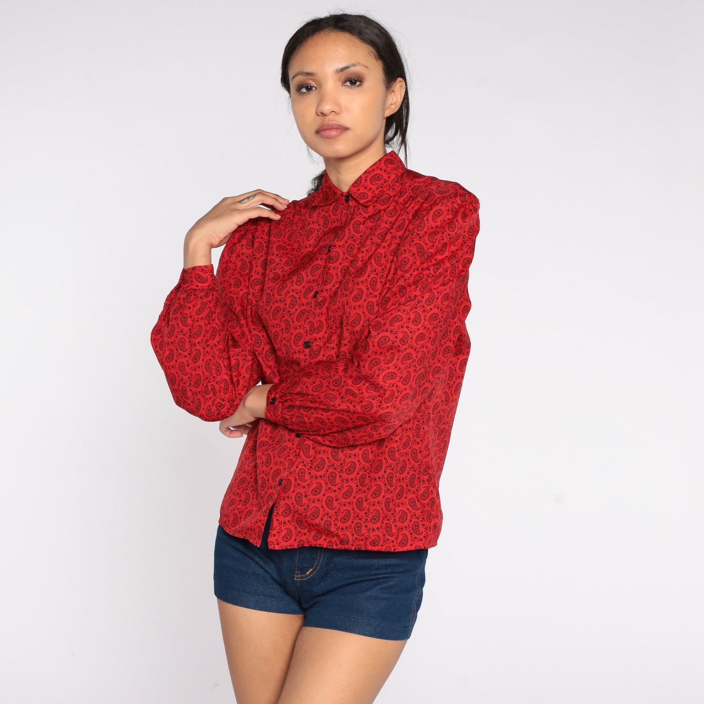 80s Red Paisley Peter Pan Collar Button-Up Blouse Puff Sleeve Medium