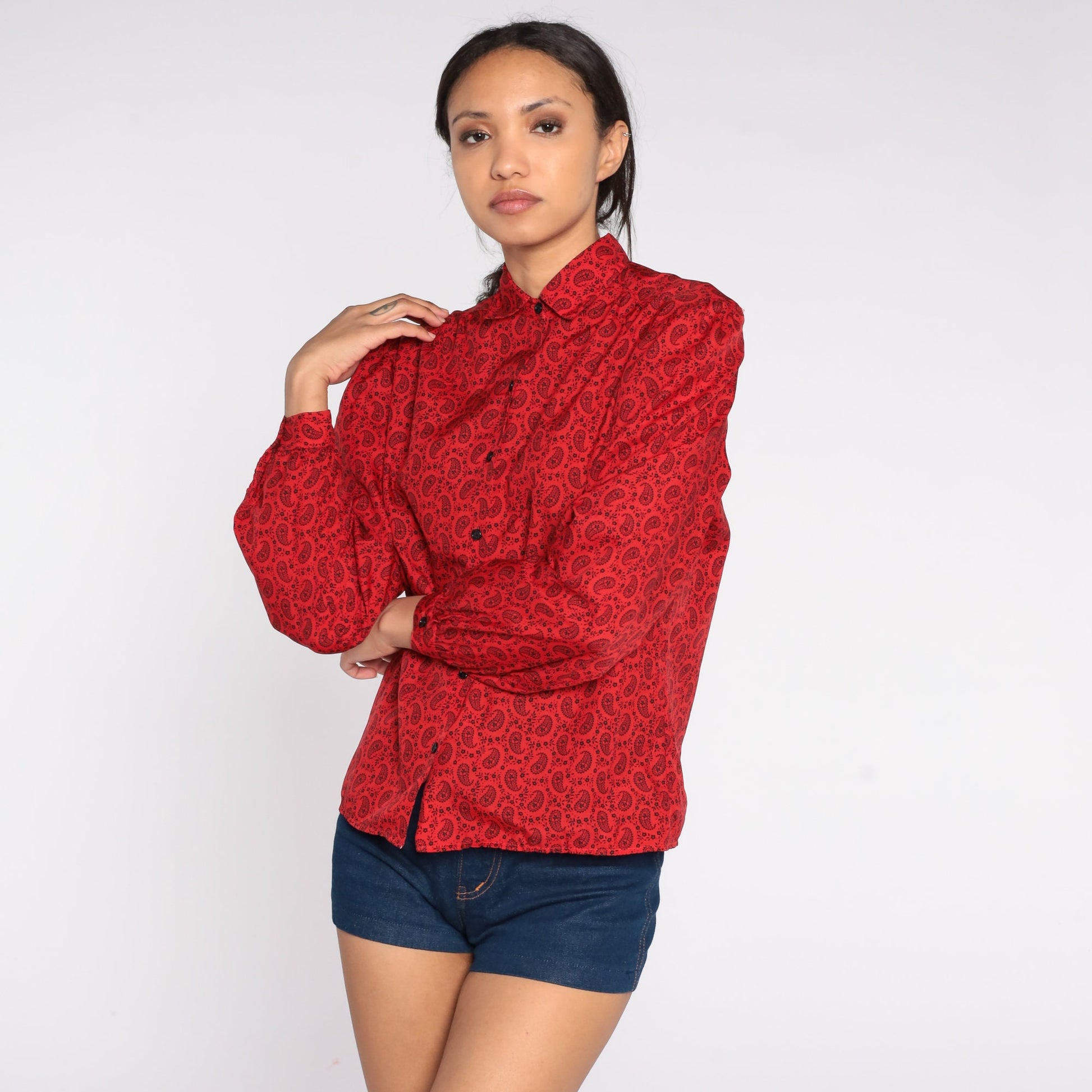 80s Red Paisley Peter Pan Collar Button-Up Blouse Puff Sleeve Medium