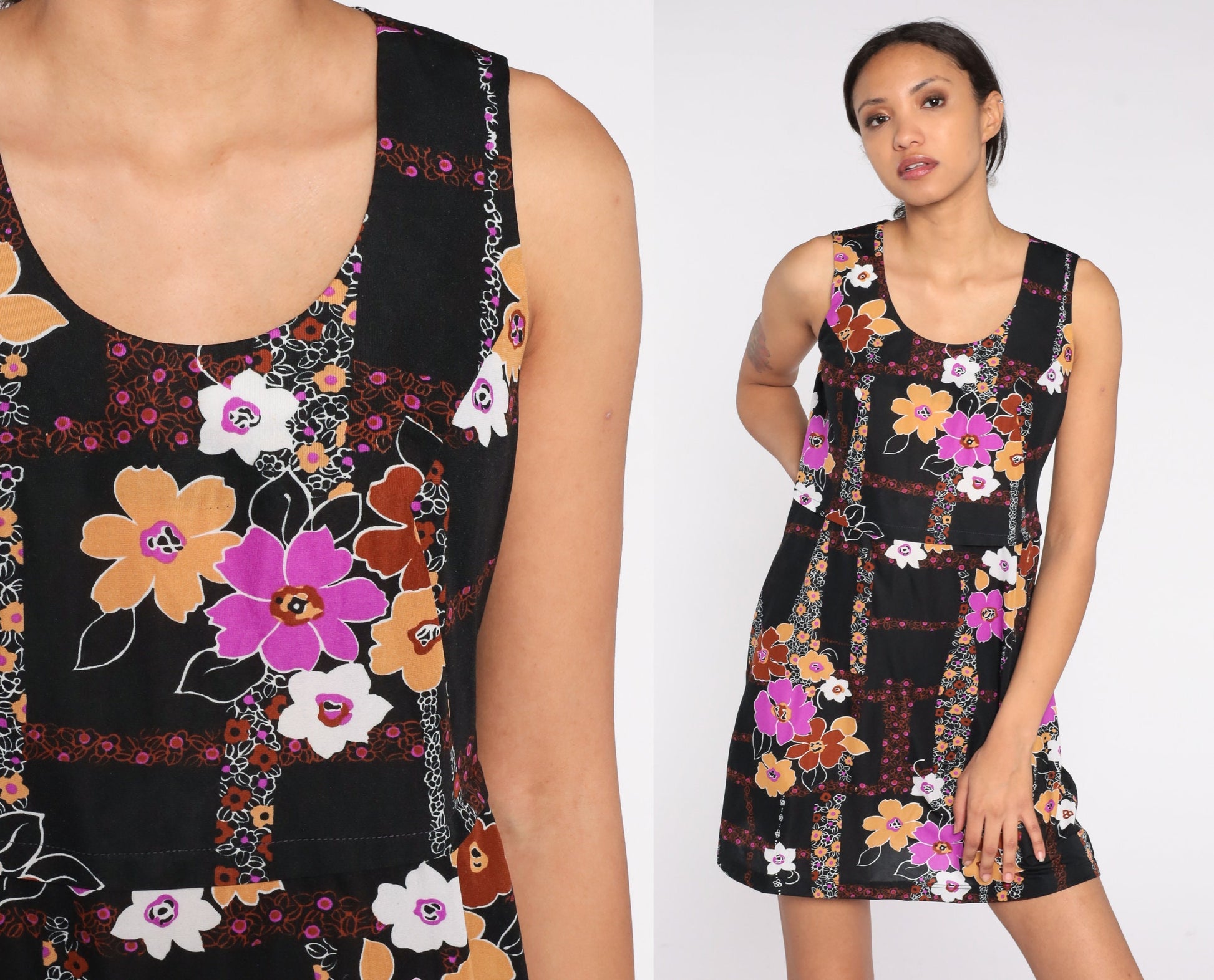 70s Black Floral Mini Dress Sleeveless A-Line Small