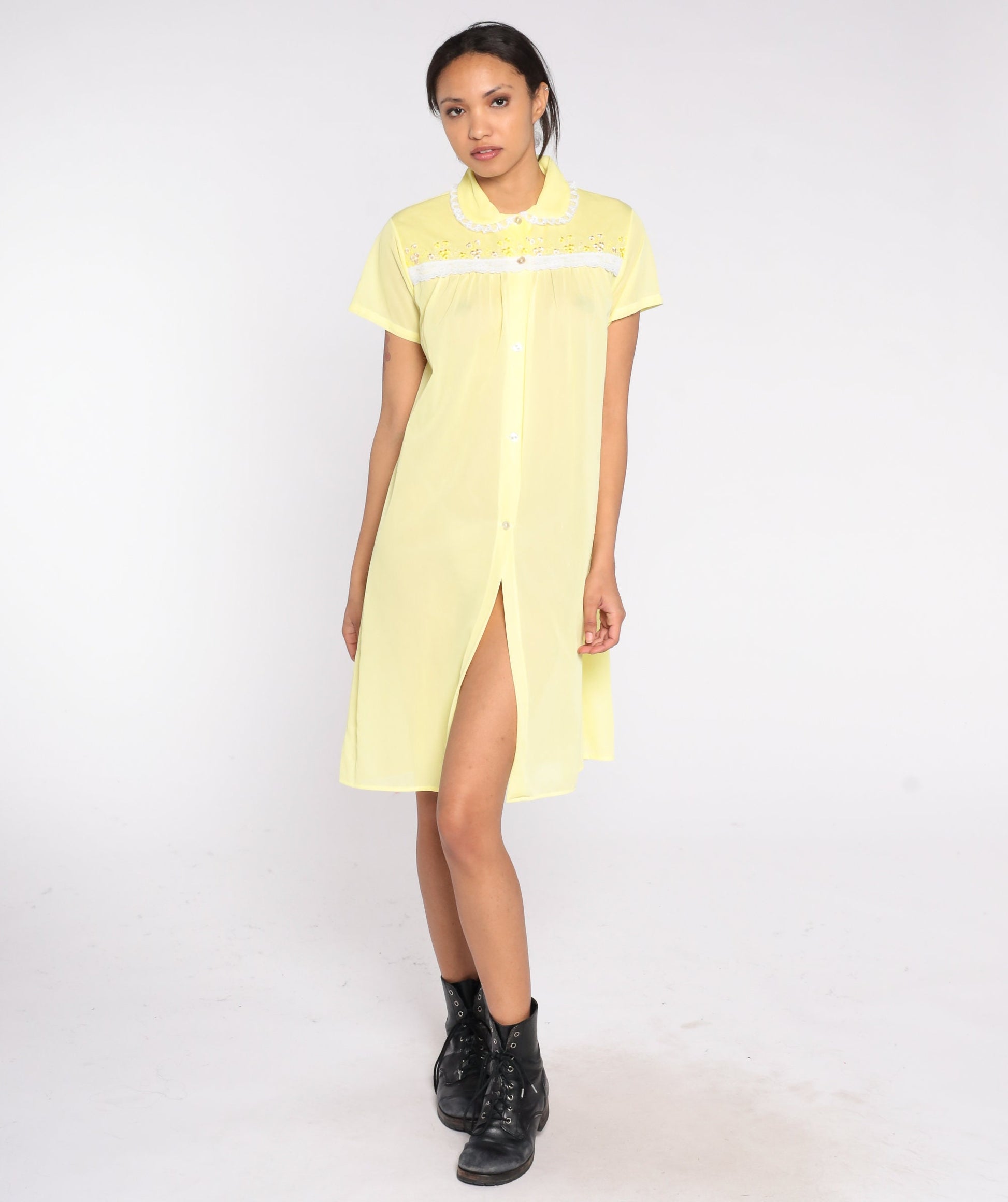 70s Yellow Semi Sheer Lounge Dress Floral Embroidery Mini Short Sleeve Medium