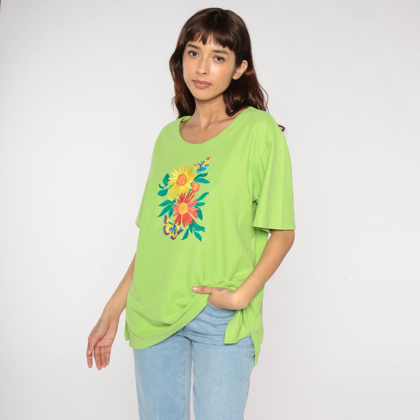 90s Lime Green Embroidered Butterfly Floral Woven Shirt Large